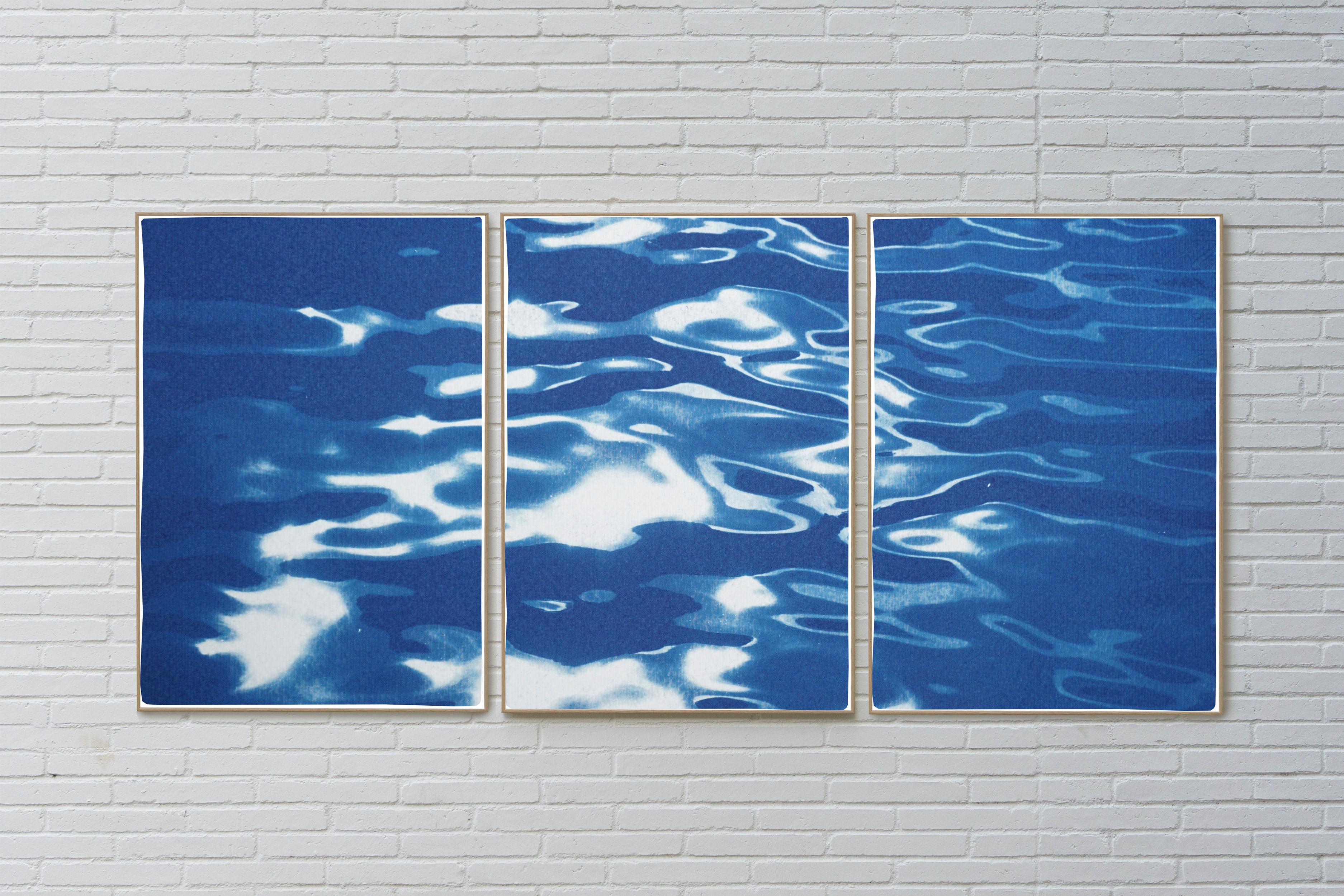 This is an exclusive handprinted limited edition cyanotype.

This beautiful triptych captures the reflection of lights and movements of the shallow waters that surround the iconic Lido Island in Venice. 

Details:
+ Title: Reflections off Lido