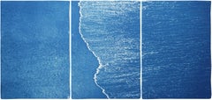 Blue Subtle Seascape of Calm Costa Roca Shore, Minimal Triptych Cyanotype