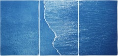 Blue Subtle Seascape of Calm Costa Roca Shore, Minimal Triptych Cyanotype 