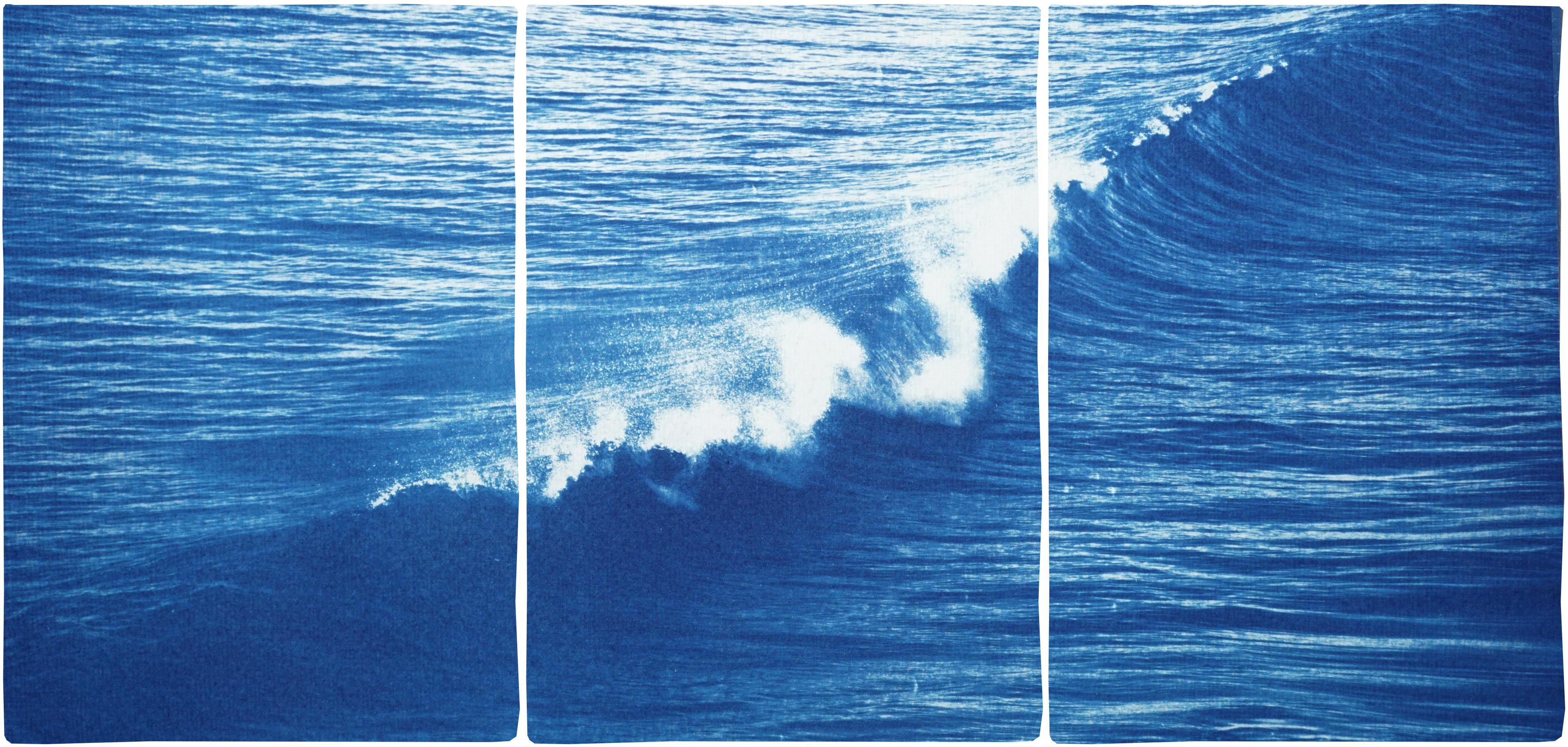 Kind of Cyan Landscape Painting - Colossal Seascape Triptych of Crashing Wave in Los Angeles, Exclusive Cyanotype