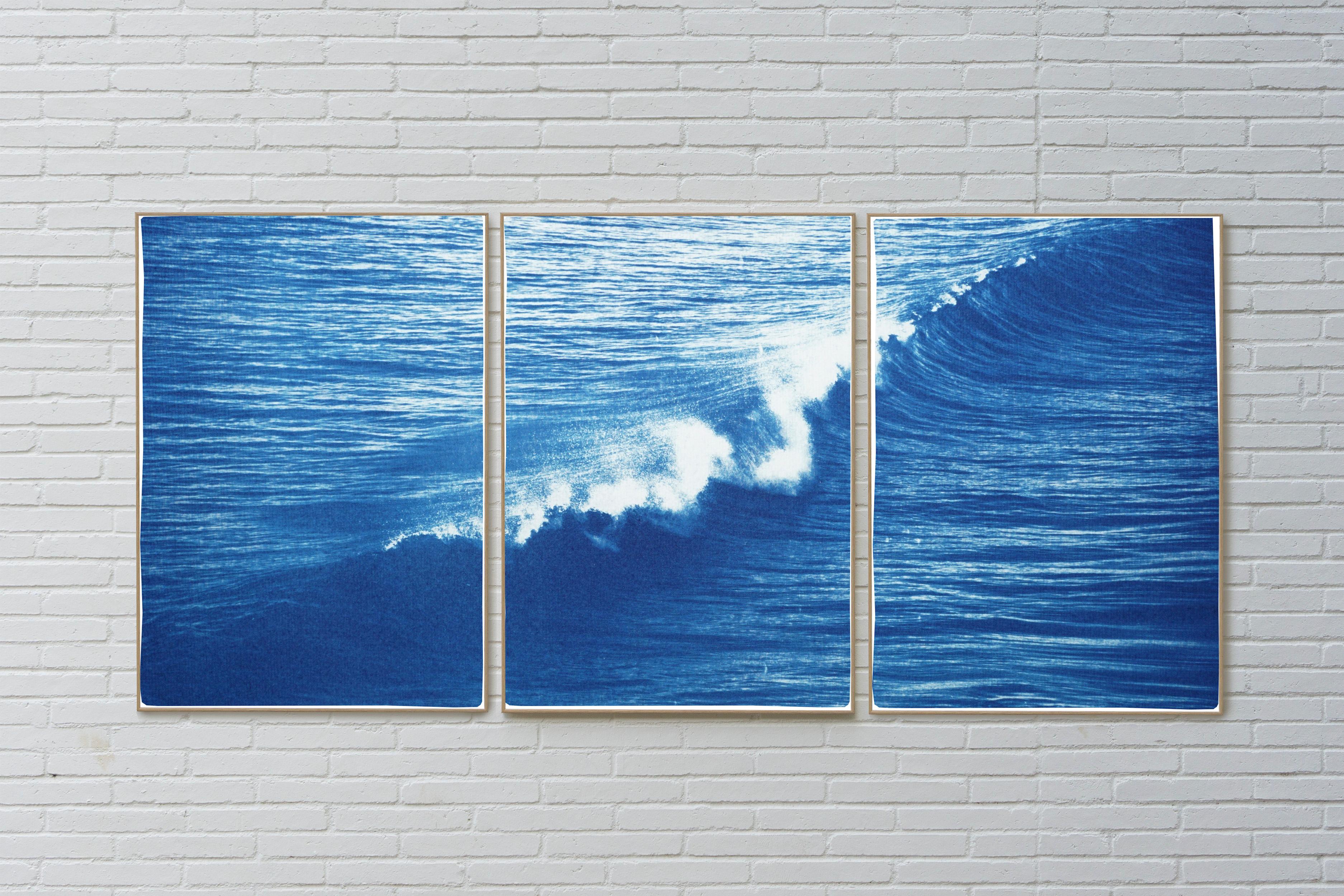Colossal Seascape Triptych of Crashing Wave in Los Angeles, Exclusive Cyanotype - Painting by Kind of Cyan