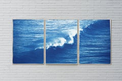Colossal Seascape Triptych of Crashing Wave in Los Angeles, Exclusive Cyanotype