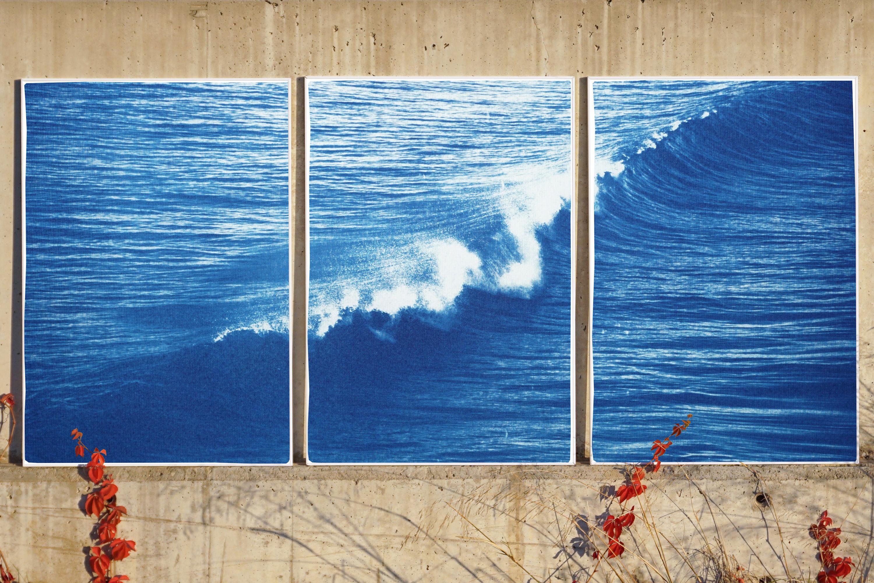 Colossal Seascape Triptych of Crashing Wave in Los Angeles, Exclusive Cyanotype - Photorealist Painting by Kind of Cyan
