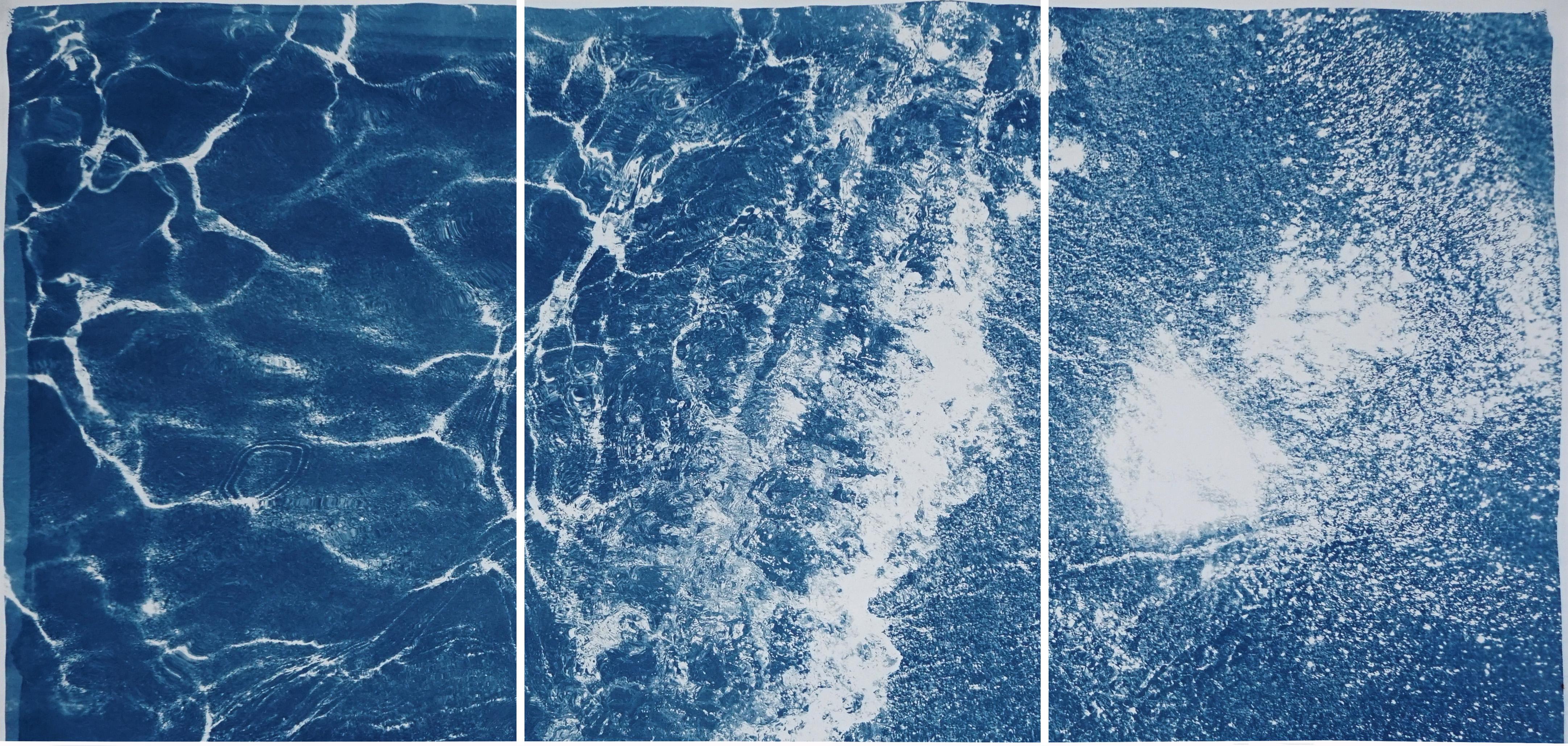 Kind of Cyan Abstract Print - Turquoise Abstract Wave in Tulum, Cyanotype Triptych Seascape of Caribbean Beach