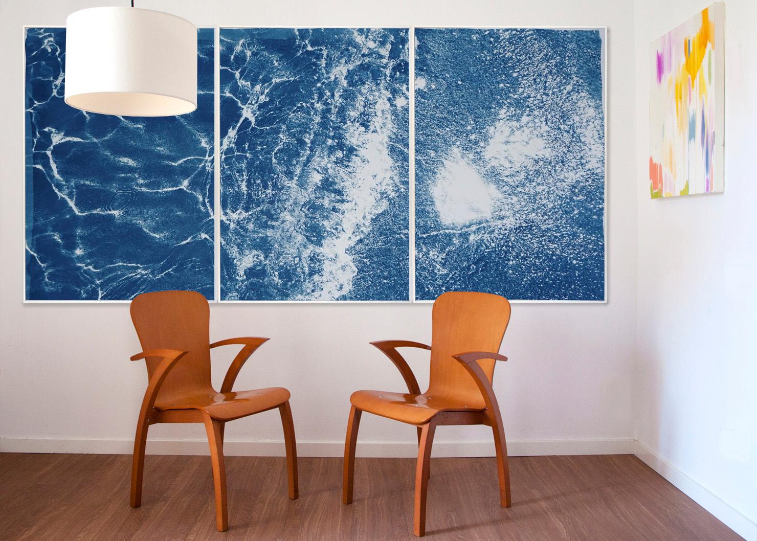 Turquoise Abstract Wave in Tulum, Cyanotype Triptych Seascape of Caribbean Beach - Print by Kind of Cyan