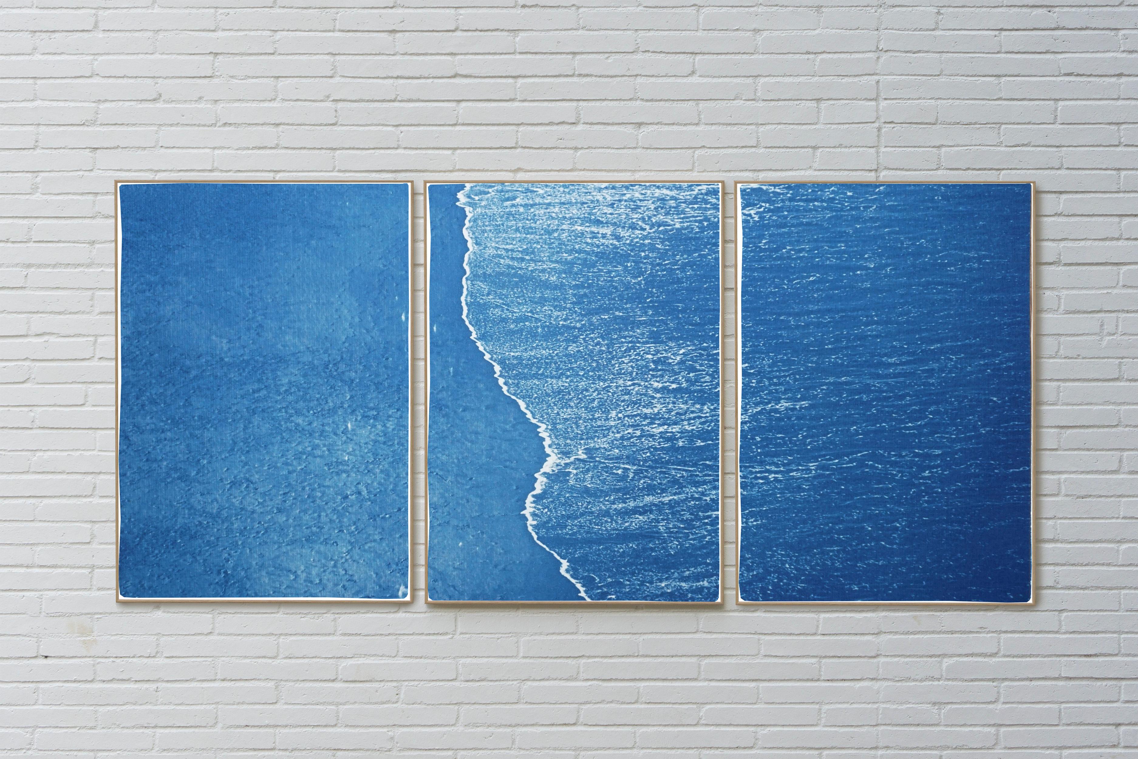 Blue Subtle Seascape of Calm Costa Rica Shore, Minimal Triptych Cyanotype  - Minimalist Painting by Kind of Cyan