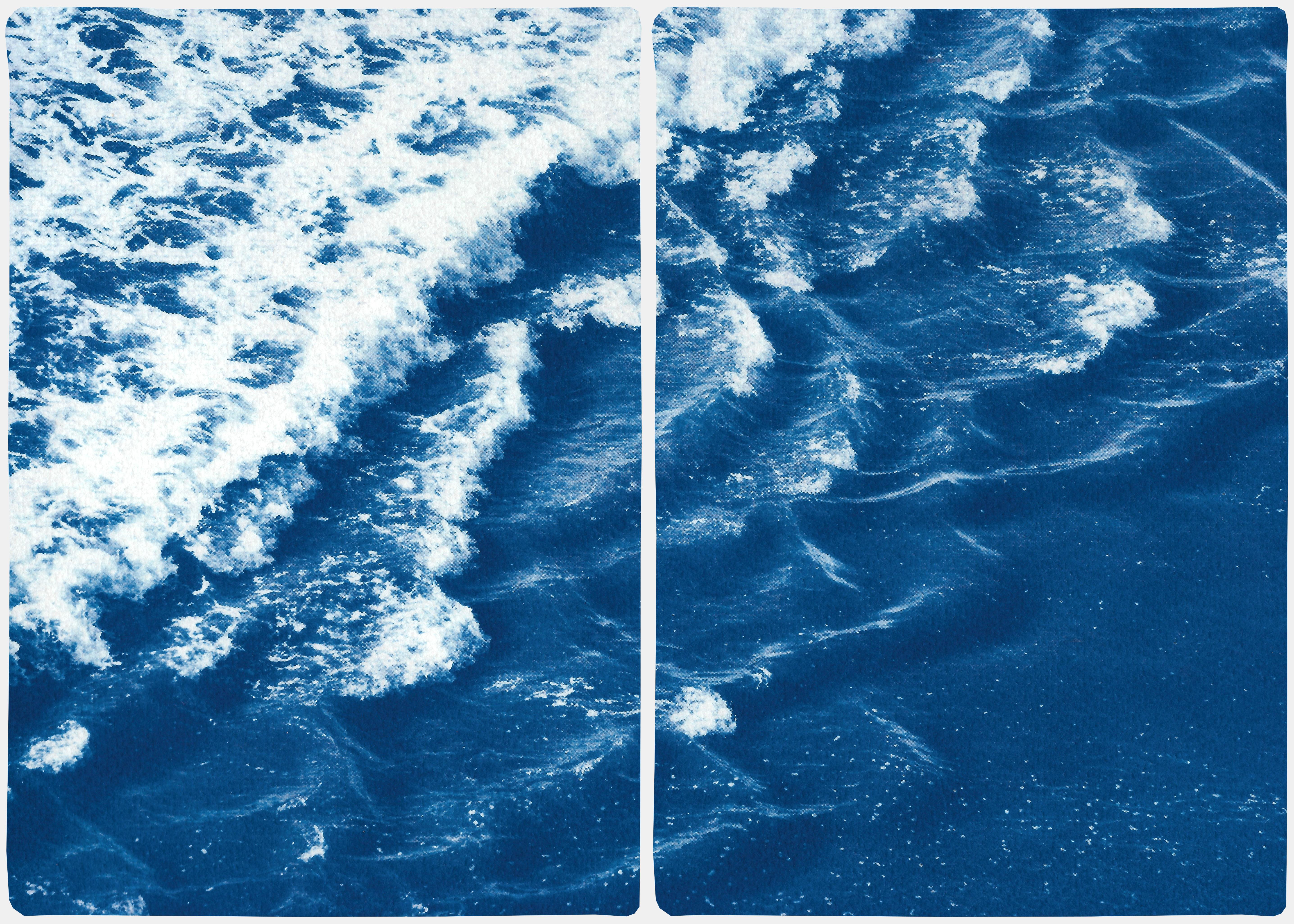 Kind of Cyan Landscape Art - Rolling Waves off Sidney, Seascape Diptych Cyanotype, Australian Coast, Indigo