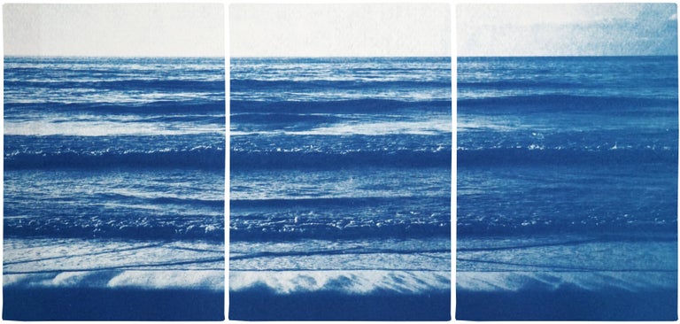 Kind of Cyan Landscape Print - Pacific Beach Horizon, Nautical Triptych Cyanotype, White and Blue Seascape, Zen