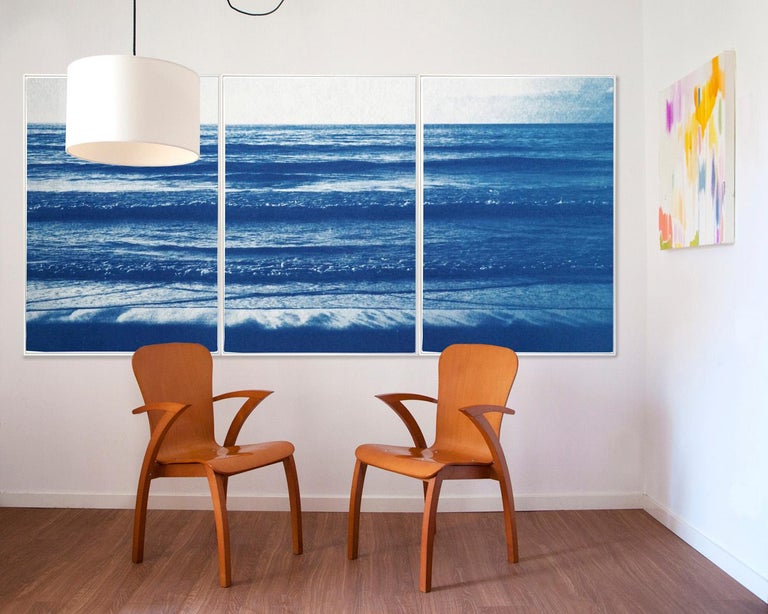 Pacific Beach Horizon, Nautical Triptych Cyanotype, White and Blue Seascape, Zen - Print by Kind of Cyan
