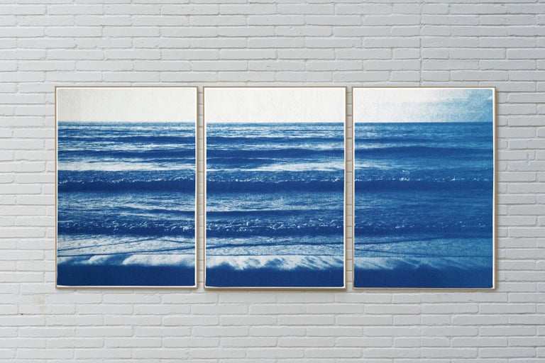 Pacific Beach Horizon, Nautical Triptych Cyanotype, White and Blue Seascape, Zen For Sale 3
