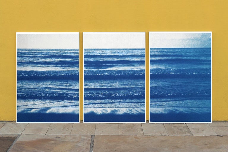 Pacific Beach Horizon, Nautical Triptych Cyanotype, White and Blue Seascape, Zen For Sale 4