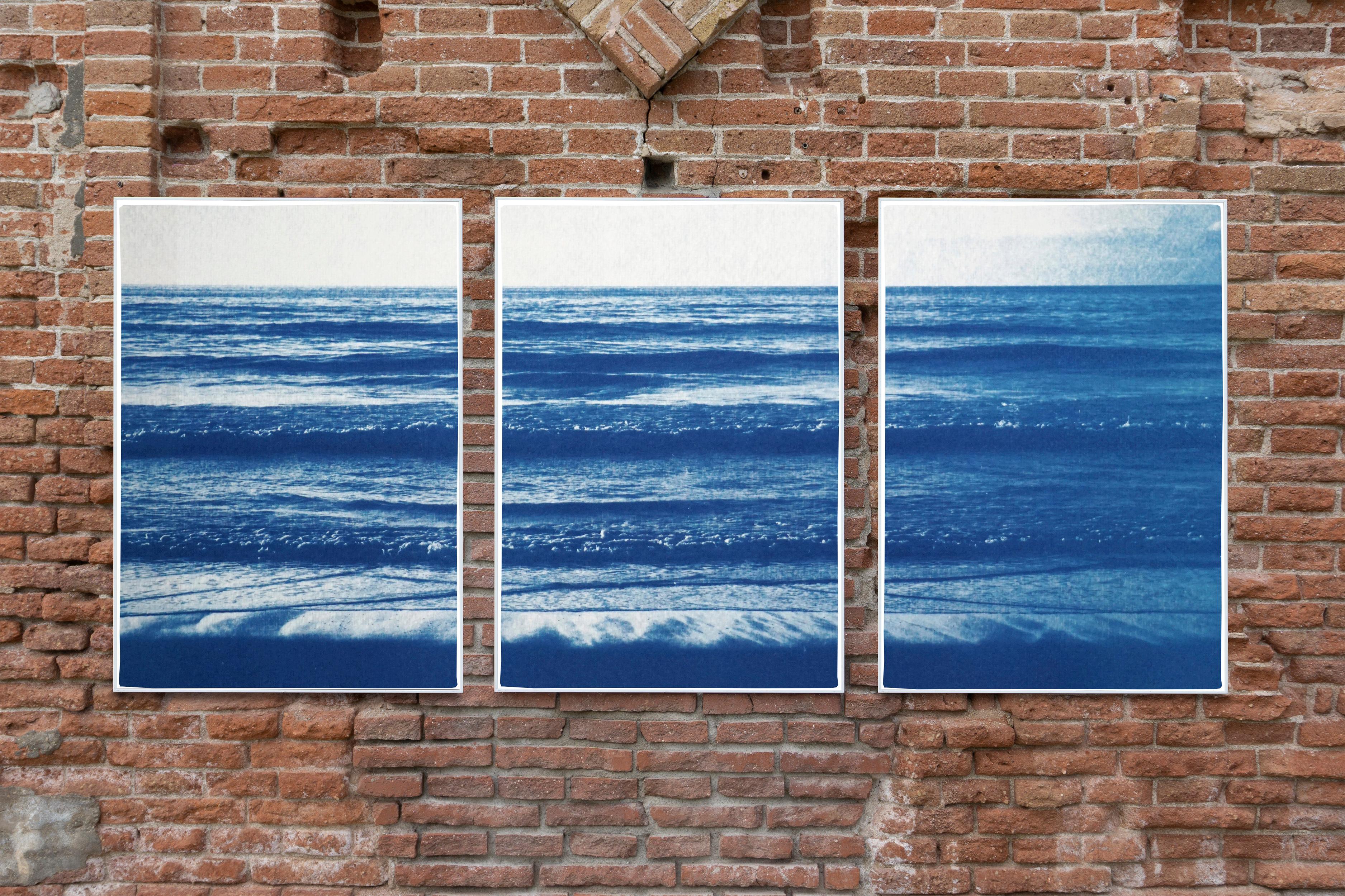 Pacific Beach Horizon, Nautical Triptych Cyanotype, White and Blue Seascape, Zen 2