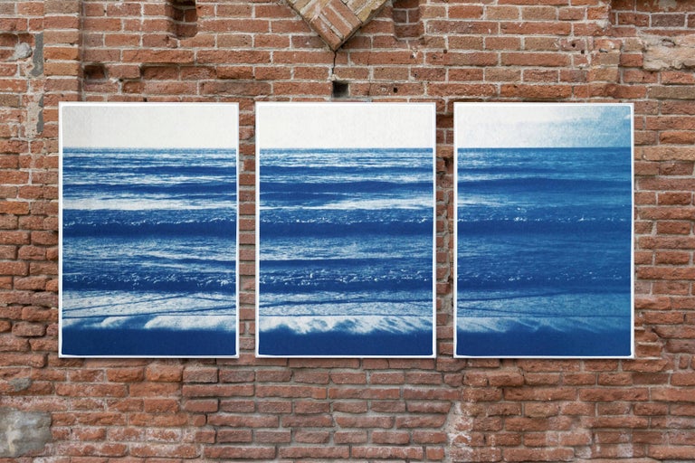 Pacific Beach Horizon, Nautical Triptych Cyanotype, White and Blue Seascape, Zen For Sale 5