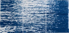 Moonlight Ripples over Lake Como, Nautical Cyanotype Triptych of Moving Water