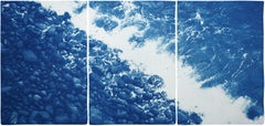 Nautical Triptych of British Pebble Beach, Handmade Cyanotype, Watercolor Paper