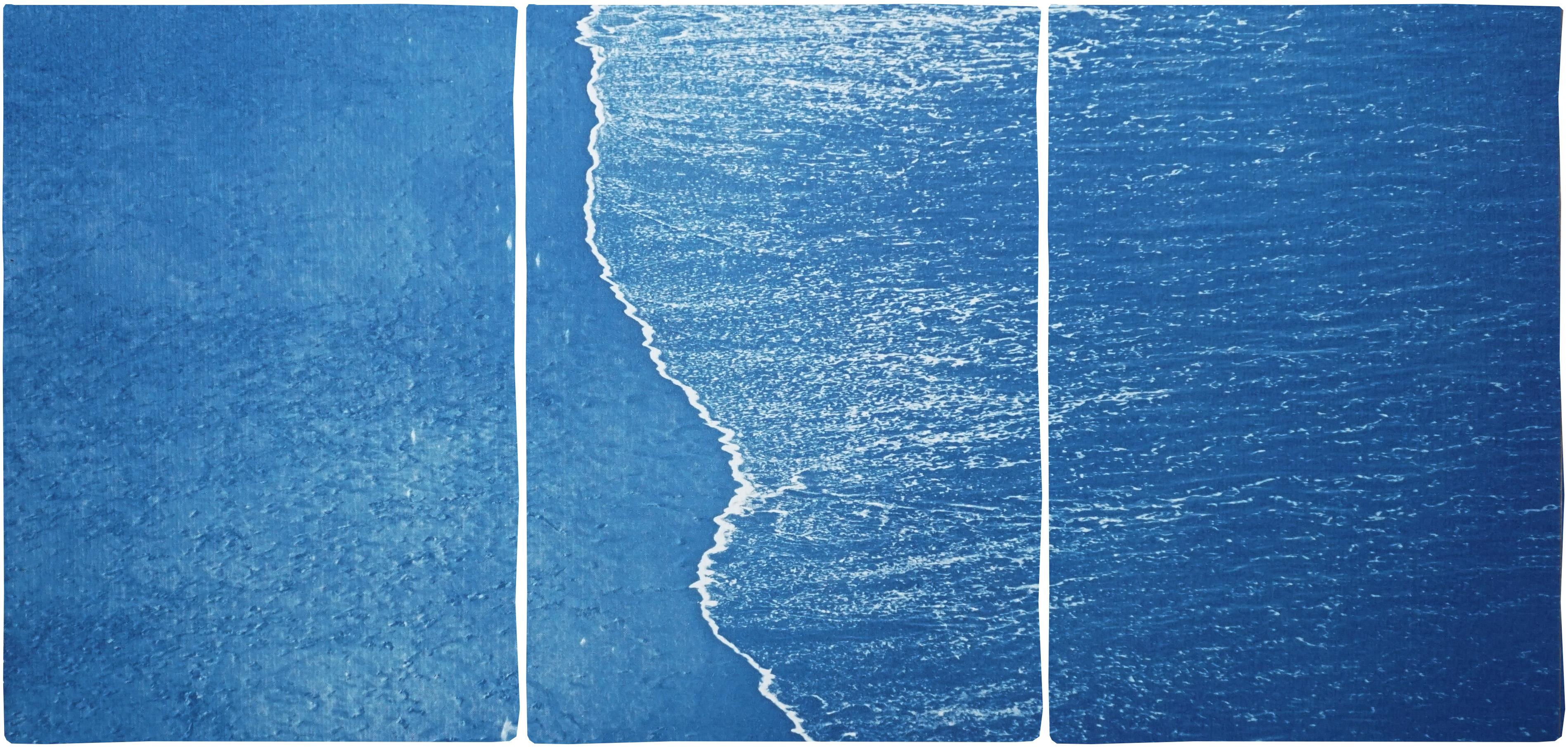 Kind of Cyan Landscape Painting - Blue Subtle Seascape of Calm Costa Rica Shore, Minimal Triptych Cyanotype 