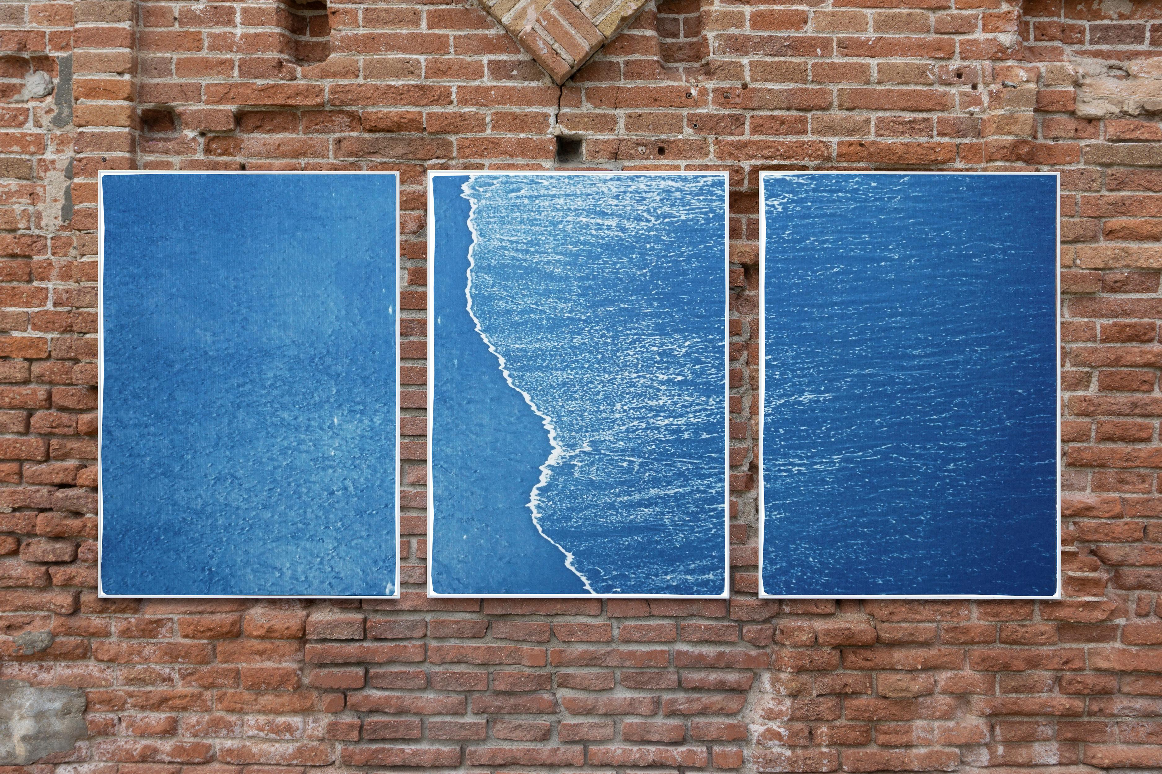 Blue Subtle Seascape of Calm Costa Rica Shore, Minimal Triptych Cyanotype  - Painting by Kind of Cyan