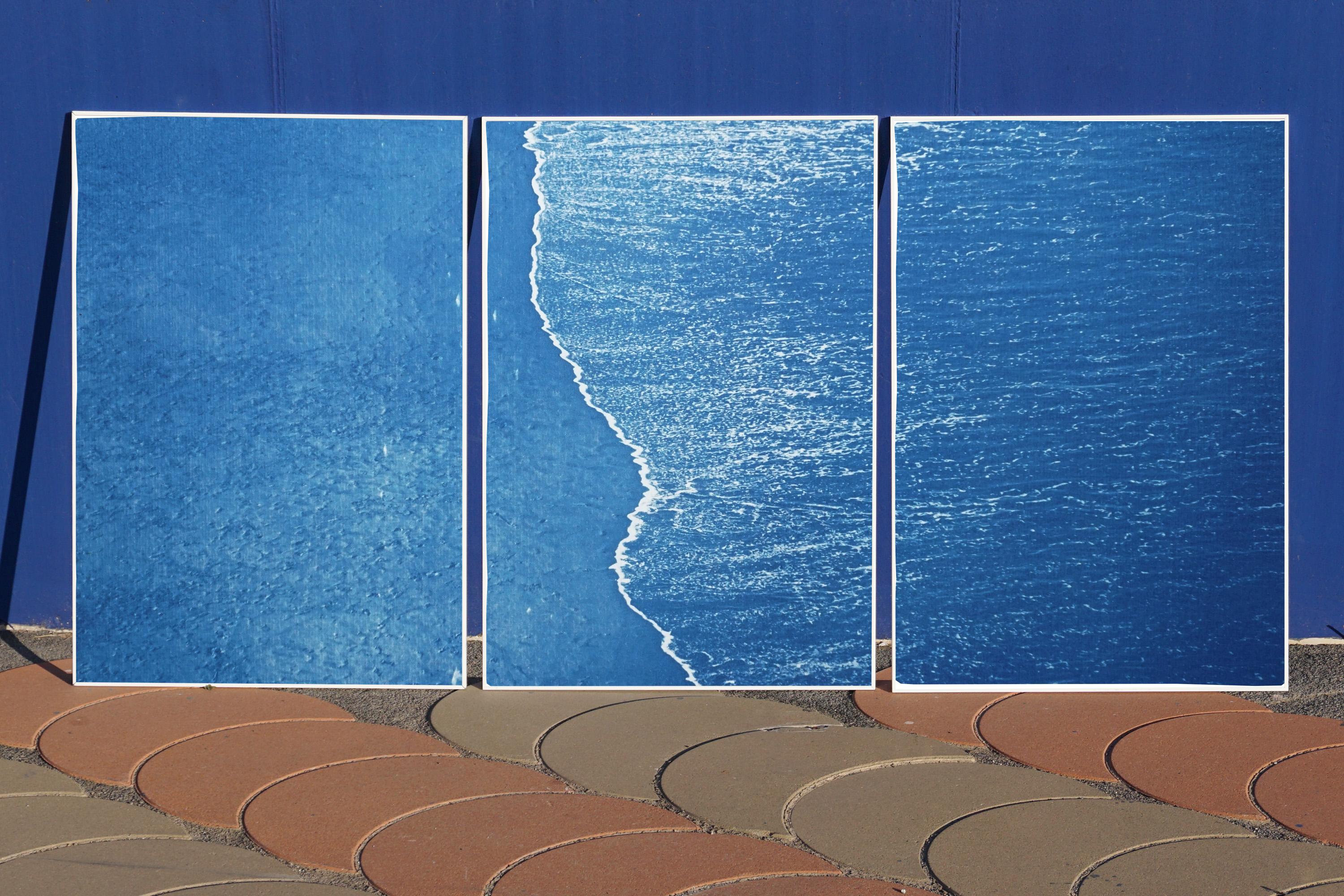 Blue Subtle Seascape of Calm Costa Rica Shore, Minimal Triptych Cyanotype  4