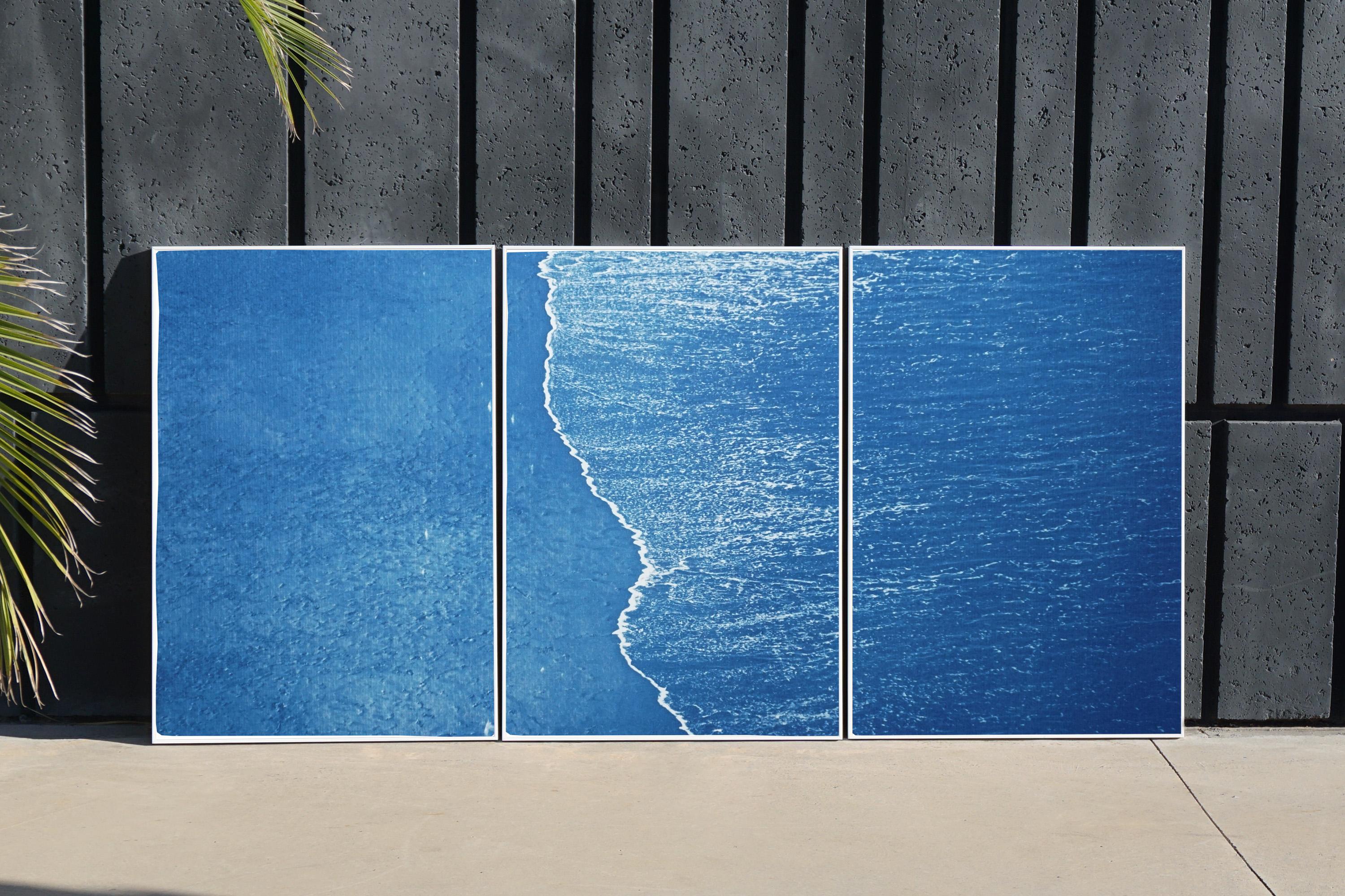 Blue Subtle Seascape of Calm Costa Rica Shore, Minimal Triptych Cyanotype  5