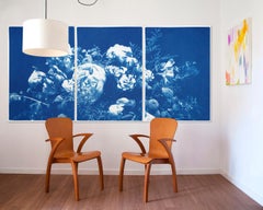 Floral Triptych of Large Floral Bouquet, Botanical Cyanotype in Classic Blue