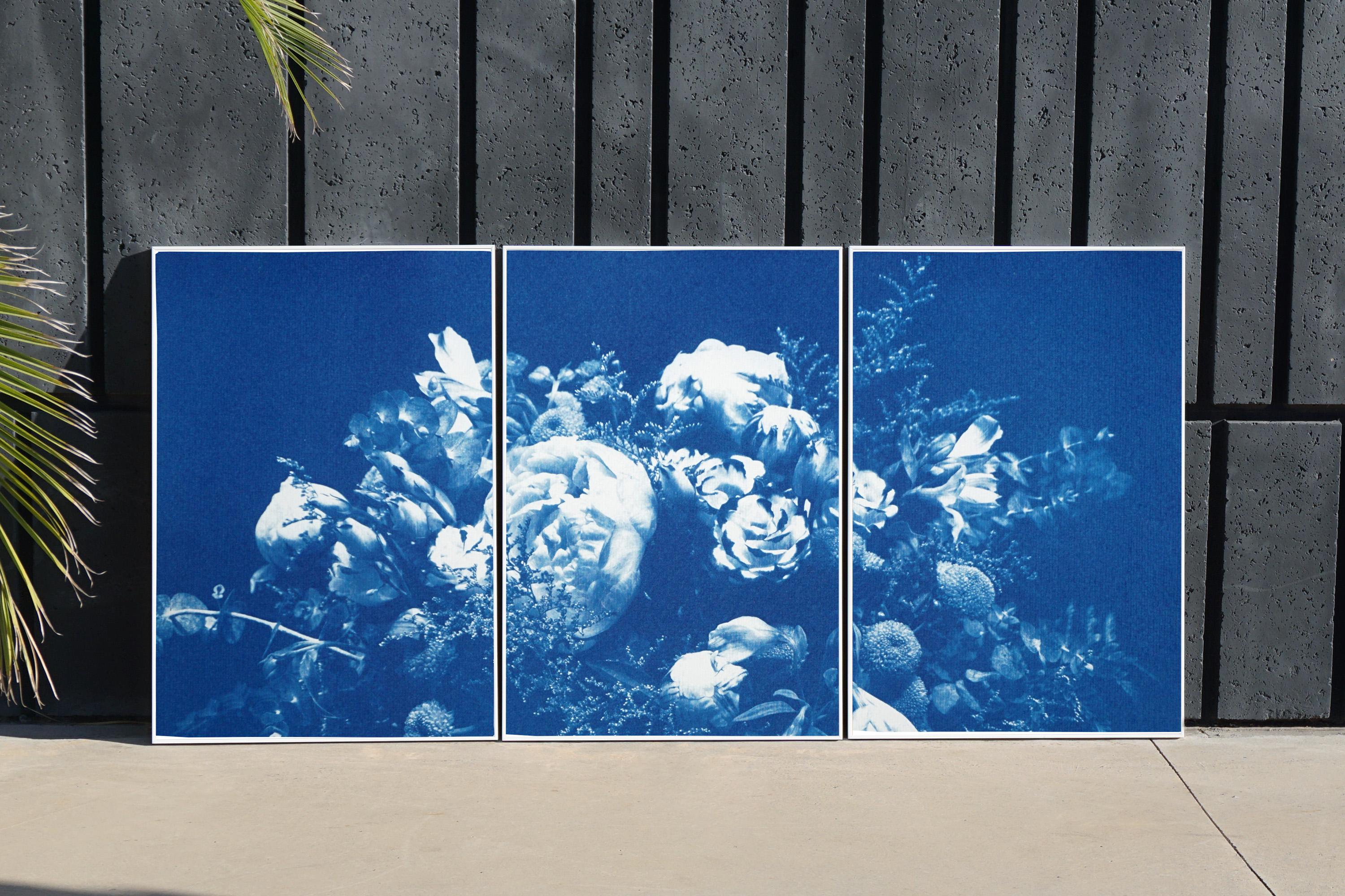 Floral Triptych of Large Floral Bouquet, Botanical Cyanotype in Classic Blue  4