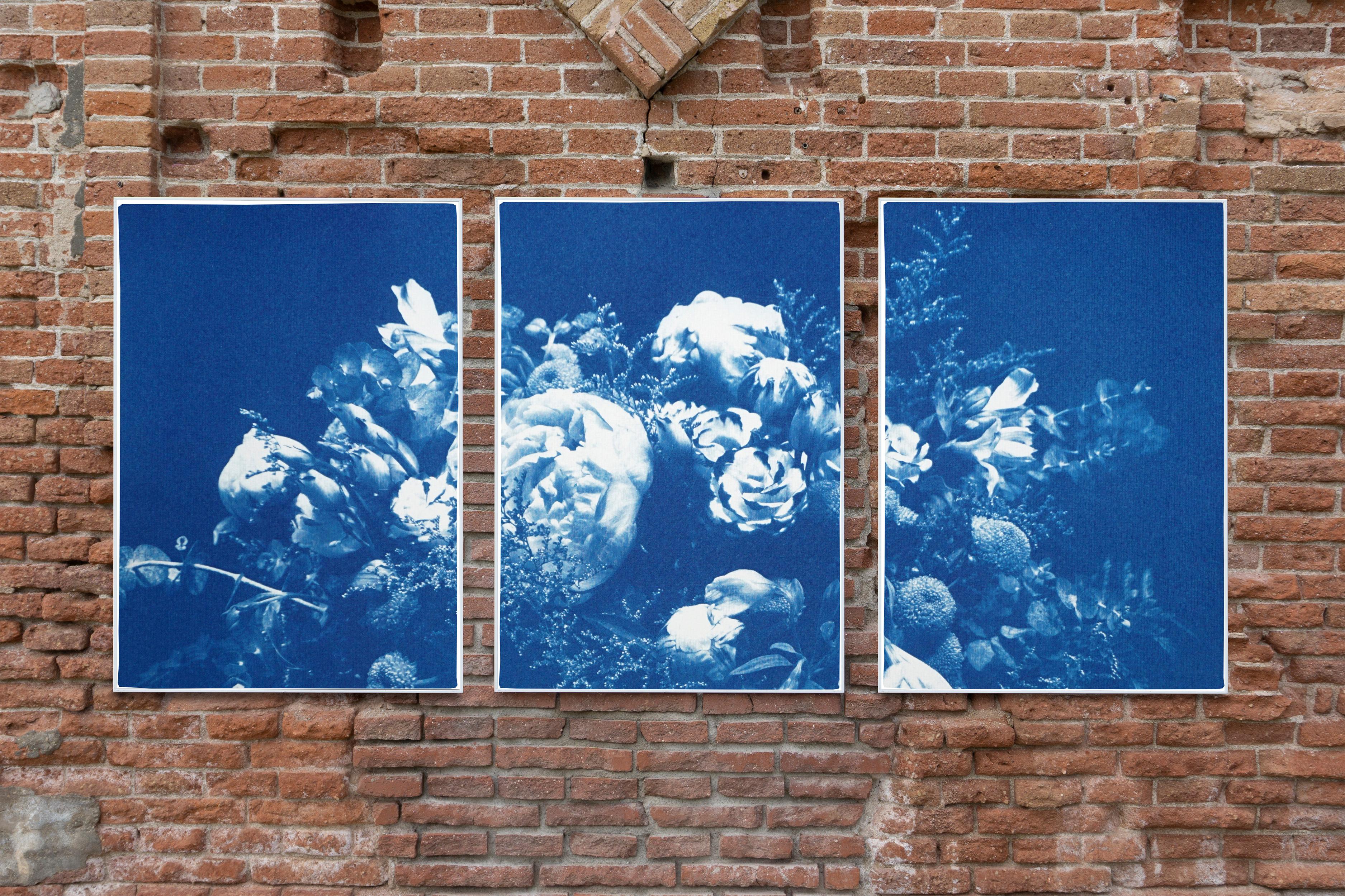 Floral Triptych of Large Floral Bouquet, Botanical Cyanotype in Classic Blue  5