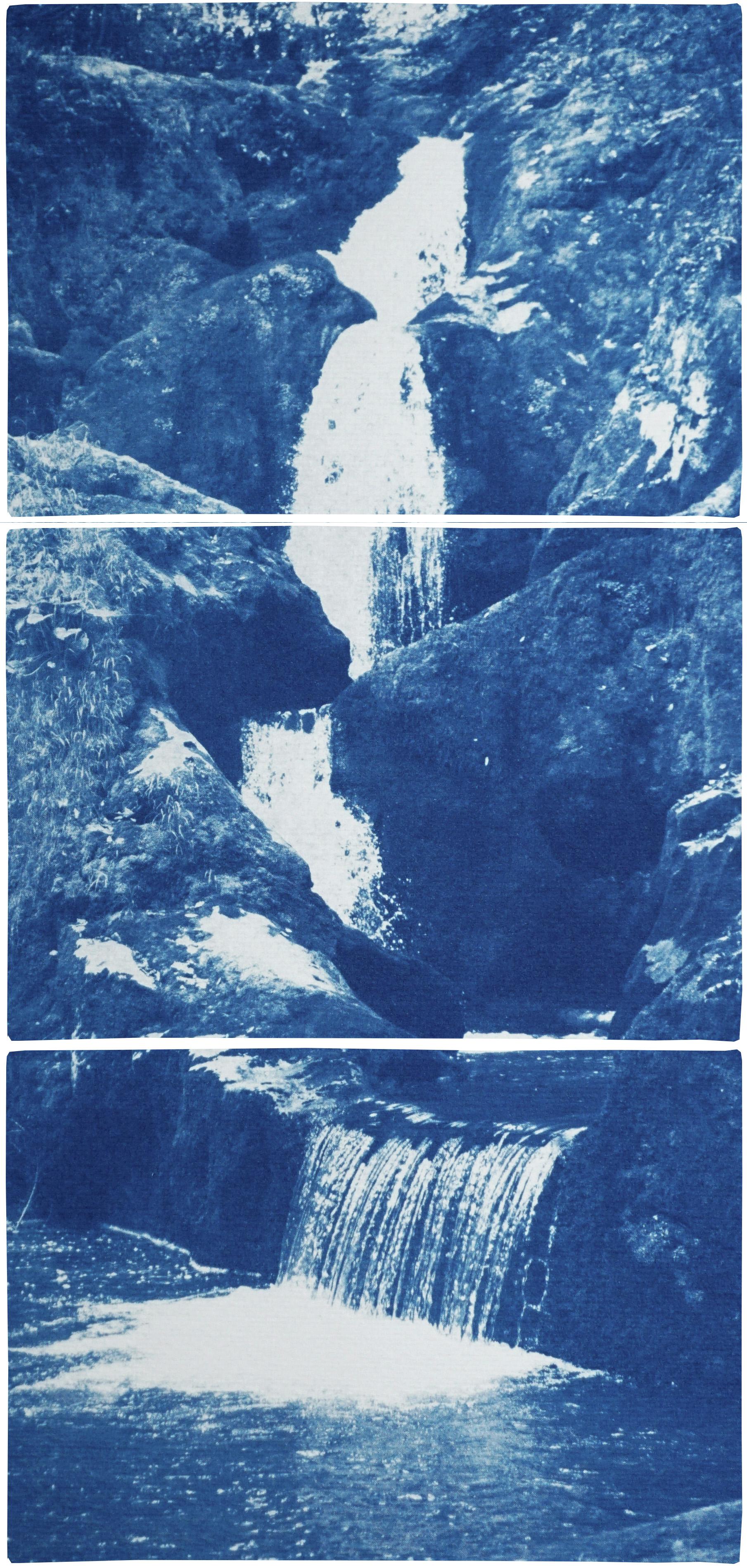 Vertical Triptych of Zen Forest Waterfall, Multi Panel Cyanotype, Feng Shui Art 