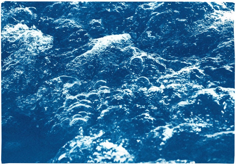 Kind of Cyan Landscape Art - Pool Water Bubbles, White and Blue Abstract Shapes, Nautical Cyanotype 70s Style