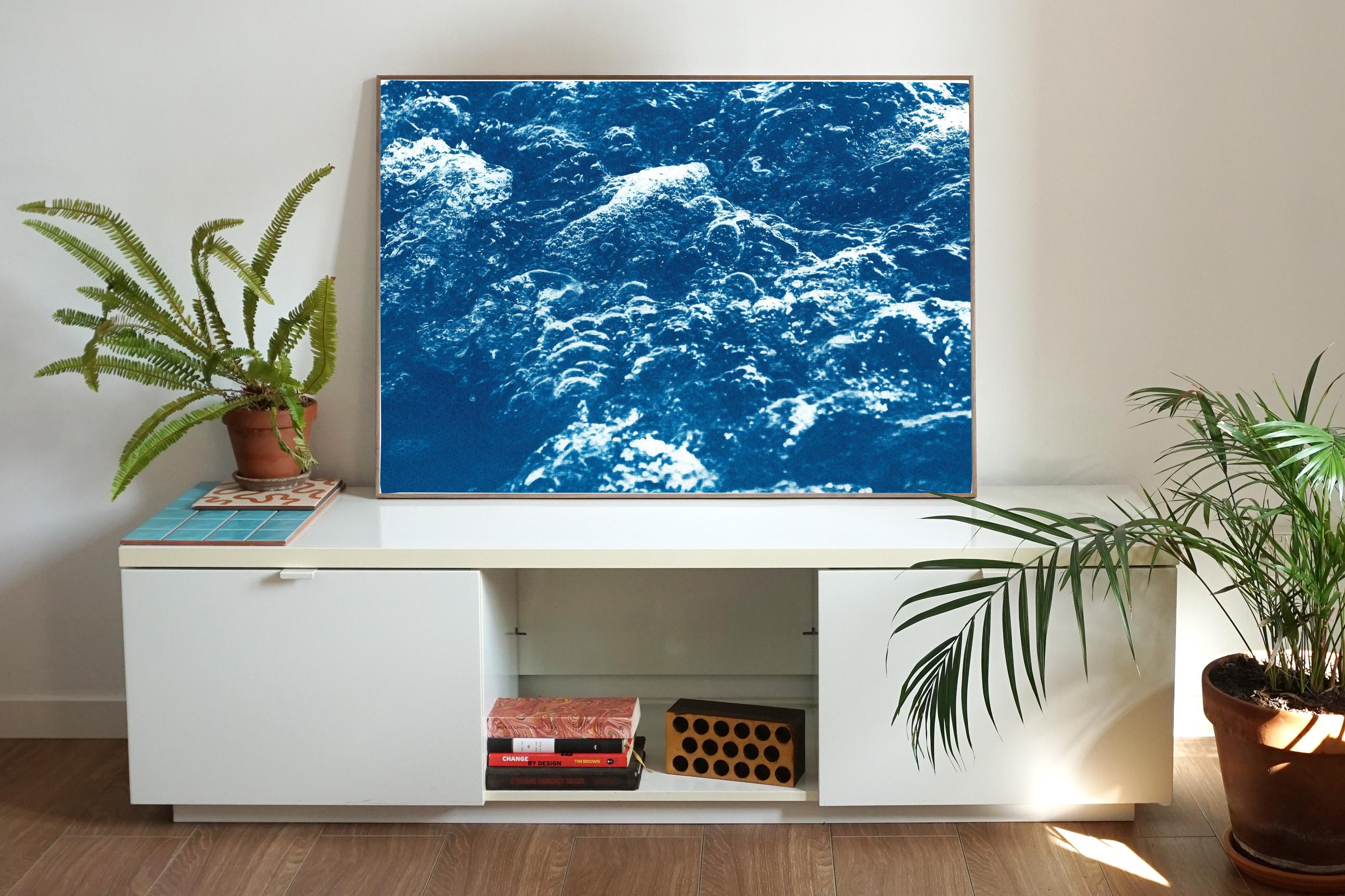 Pool Water Bubbles, White and Blue Abstract Shapes, Close Up Abstract Seascape - Contemporary Print by Kind of Cyan