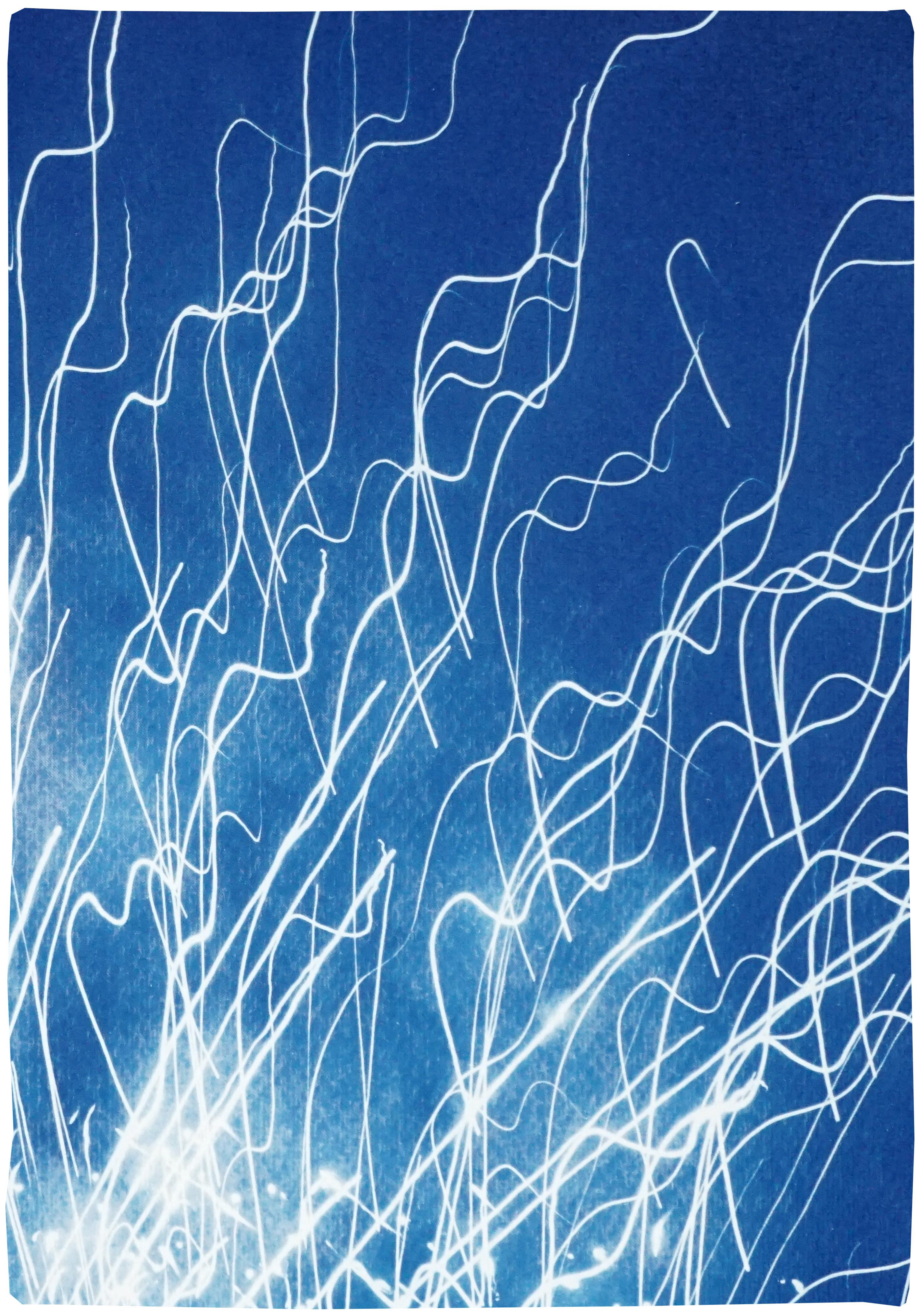 Fireworks Lights in Sky Blue Diptych, Handmade Cyanotype on Watercolor Paper,  1