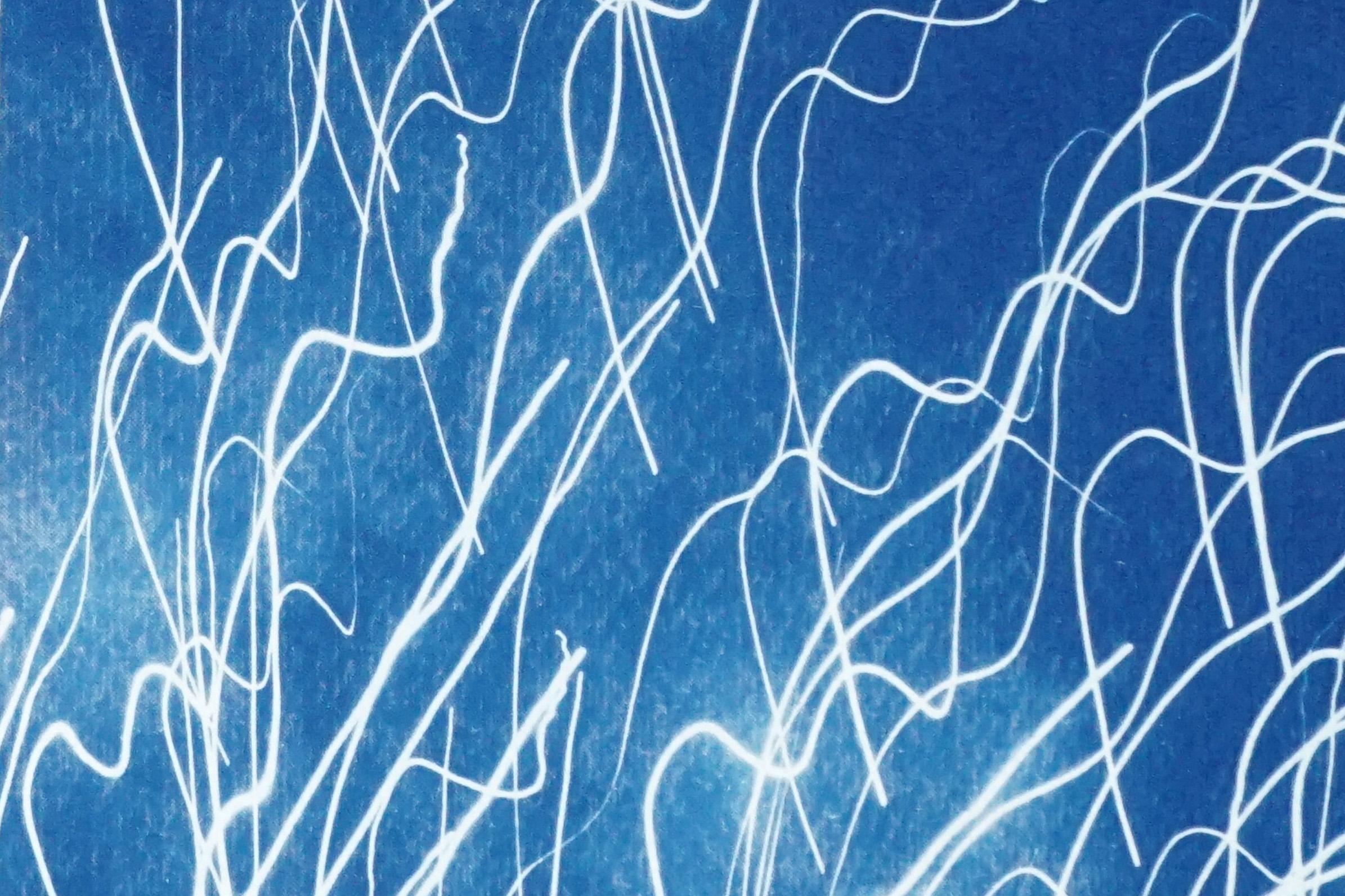Fireworks Lights in Sky Blue Diptych, Handmade Cyanotype on Watercolor Paper,  3