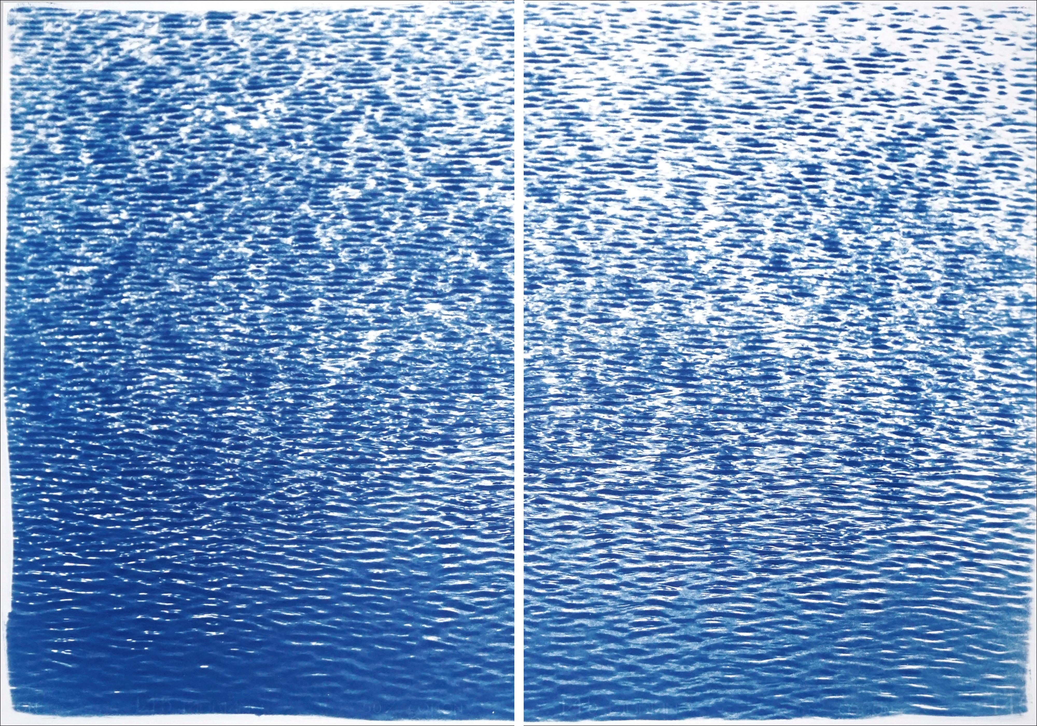 Kind of Cyan Landscape Print - Cove Ripples Diptych, Serene Seascape Cyanotype, Mediterranean Blue Shore, Paper