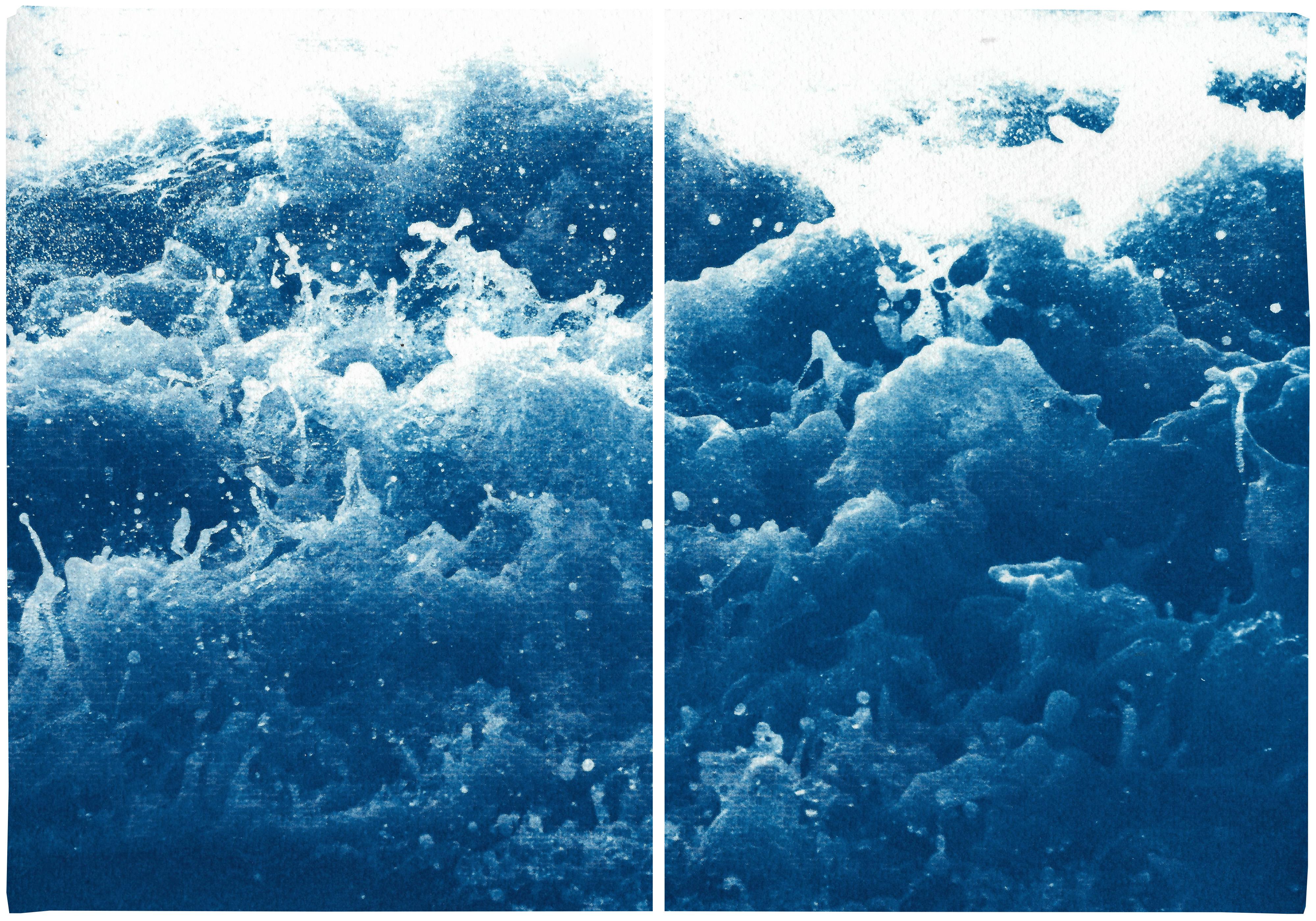 Kind of Cyan Landscape Print - Tempestuous Tidal in Blue, Stormy Seascape Diptych, Cyanotype Print, Maker, Blue