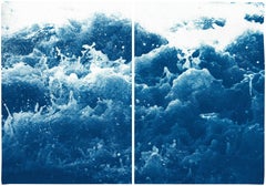 Tempestuous Tidal in Blue, Stormy Seascape Diptych, Cyanotype Print, Maker, Blue