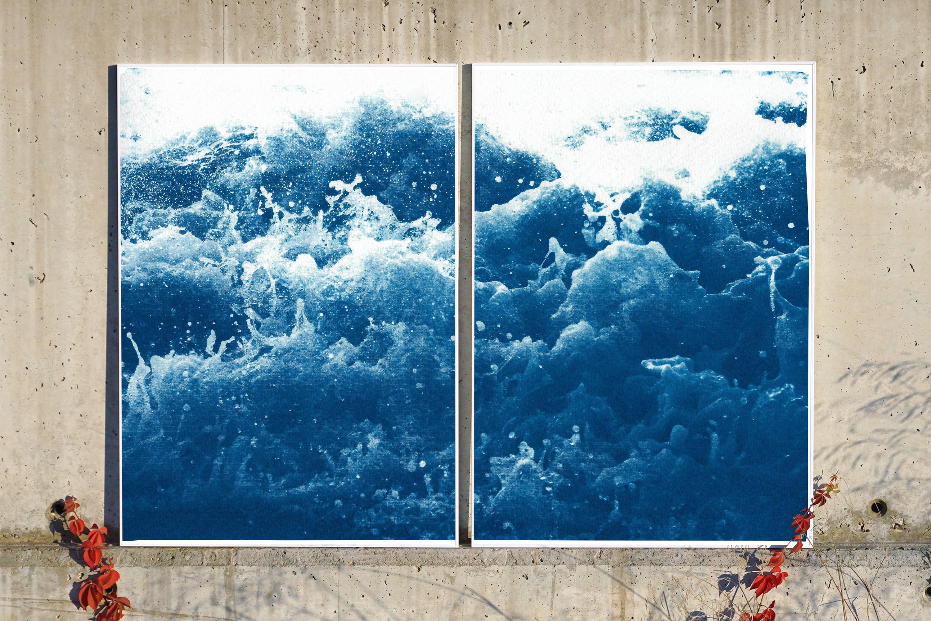 Tempestuous Tidal in Blue, Stormy Seascape Diptych, Cyanotype Print, Maker, Blue 1