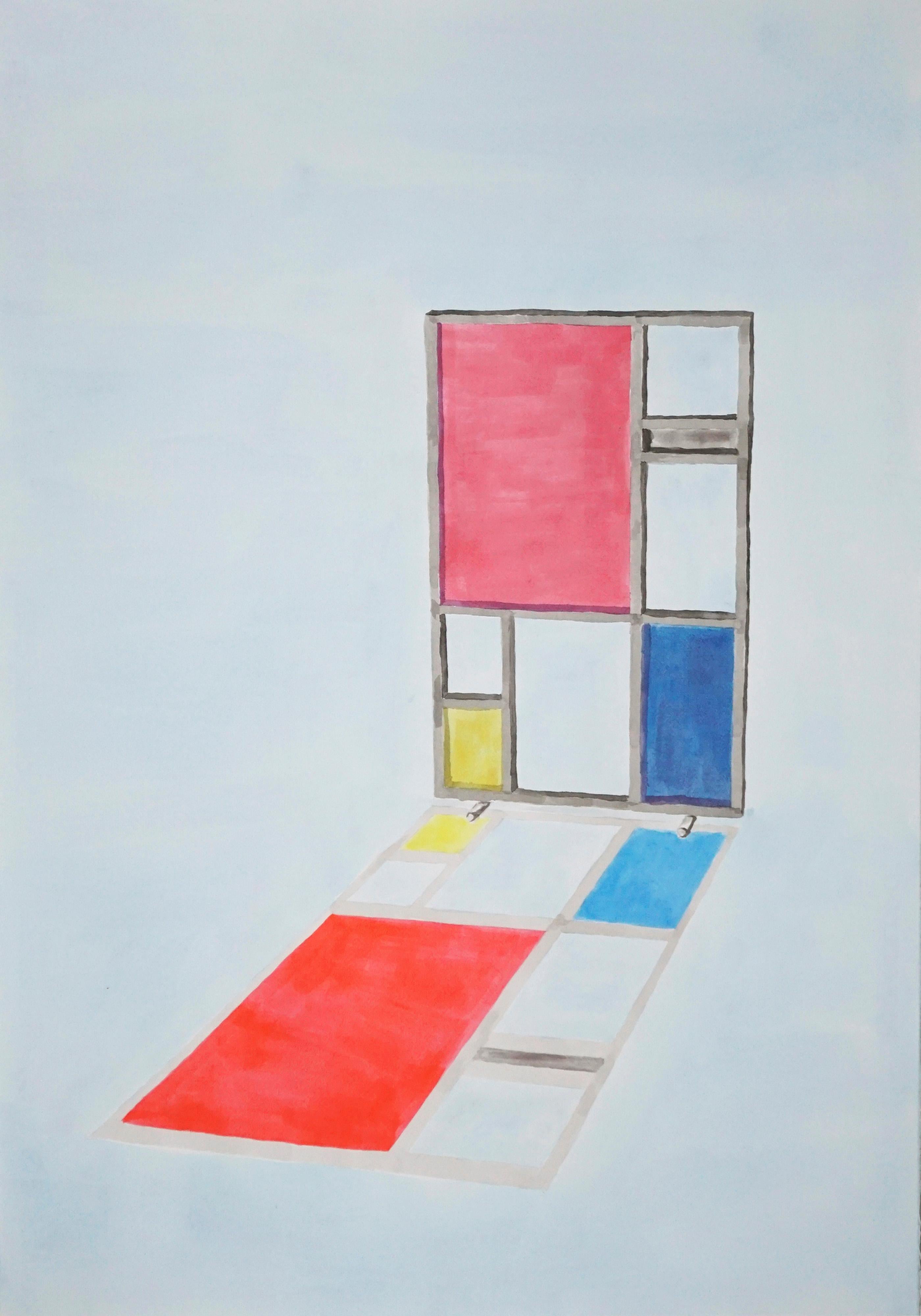 Ryan Rivadeneyra Figurative Painting - Mondrian Screen Divider, Contemporary Painting on Paper, Modern Architecture 