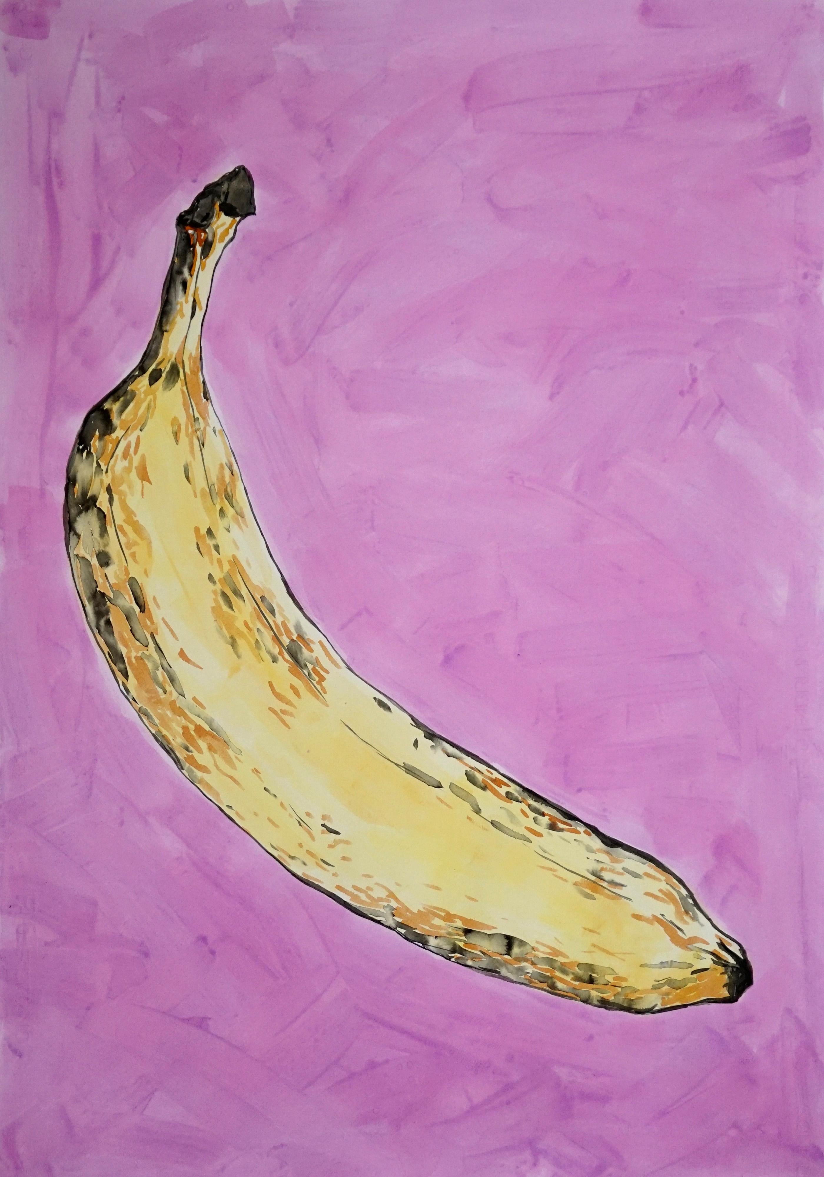 Yellow Banana on Purple, Contemporary Still-Life Painting, Watercolor on Paper - Art by Ryan Rivadeneyra