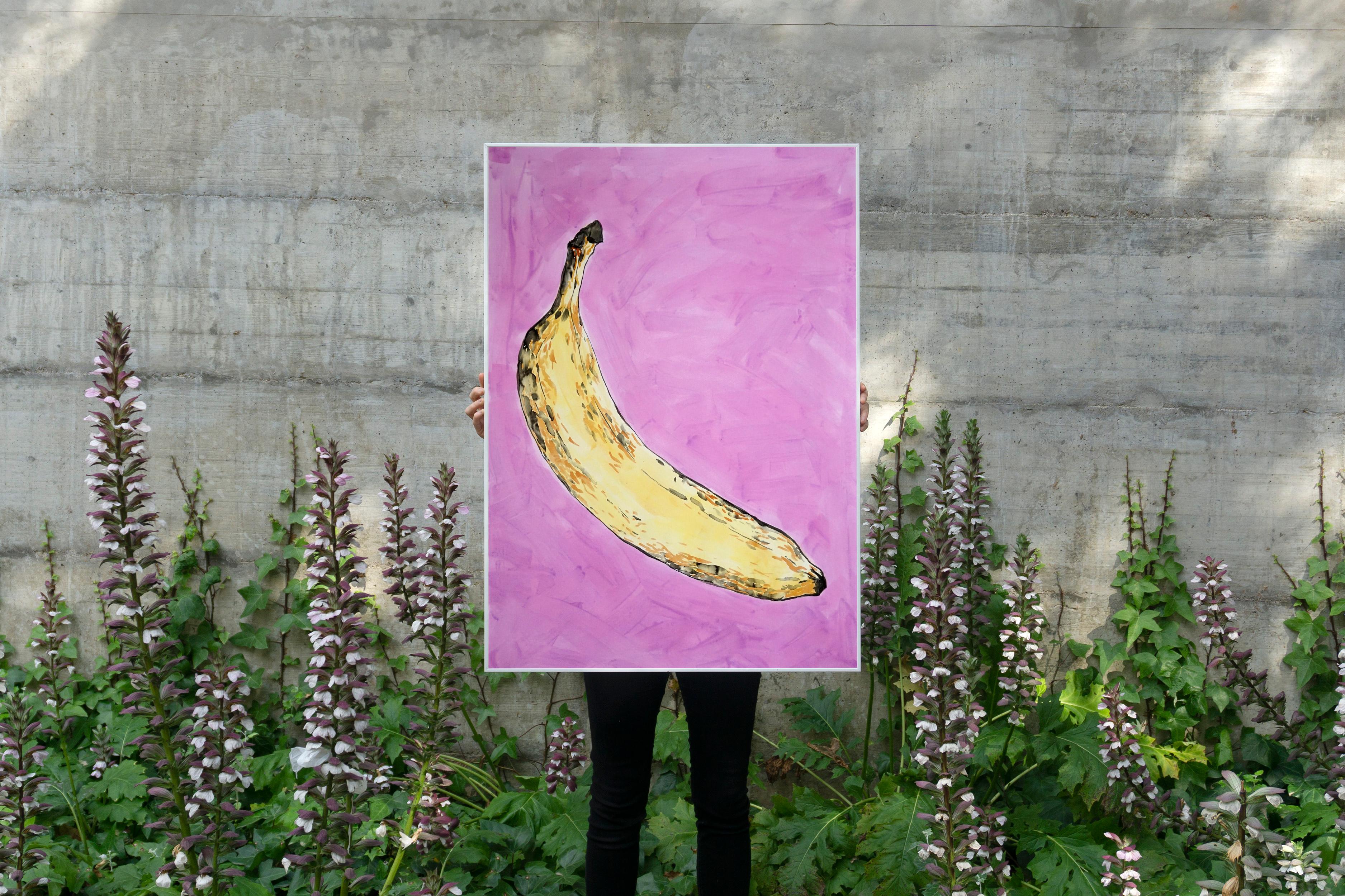 Yellow Banana on Purple, Contemporary Still-Life Painting, Watercolor on Paper 1