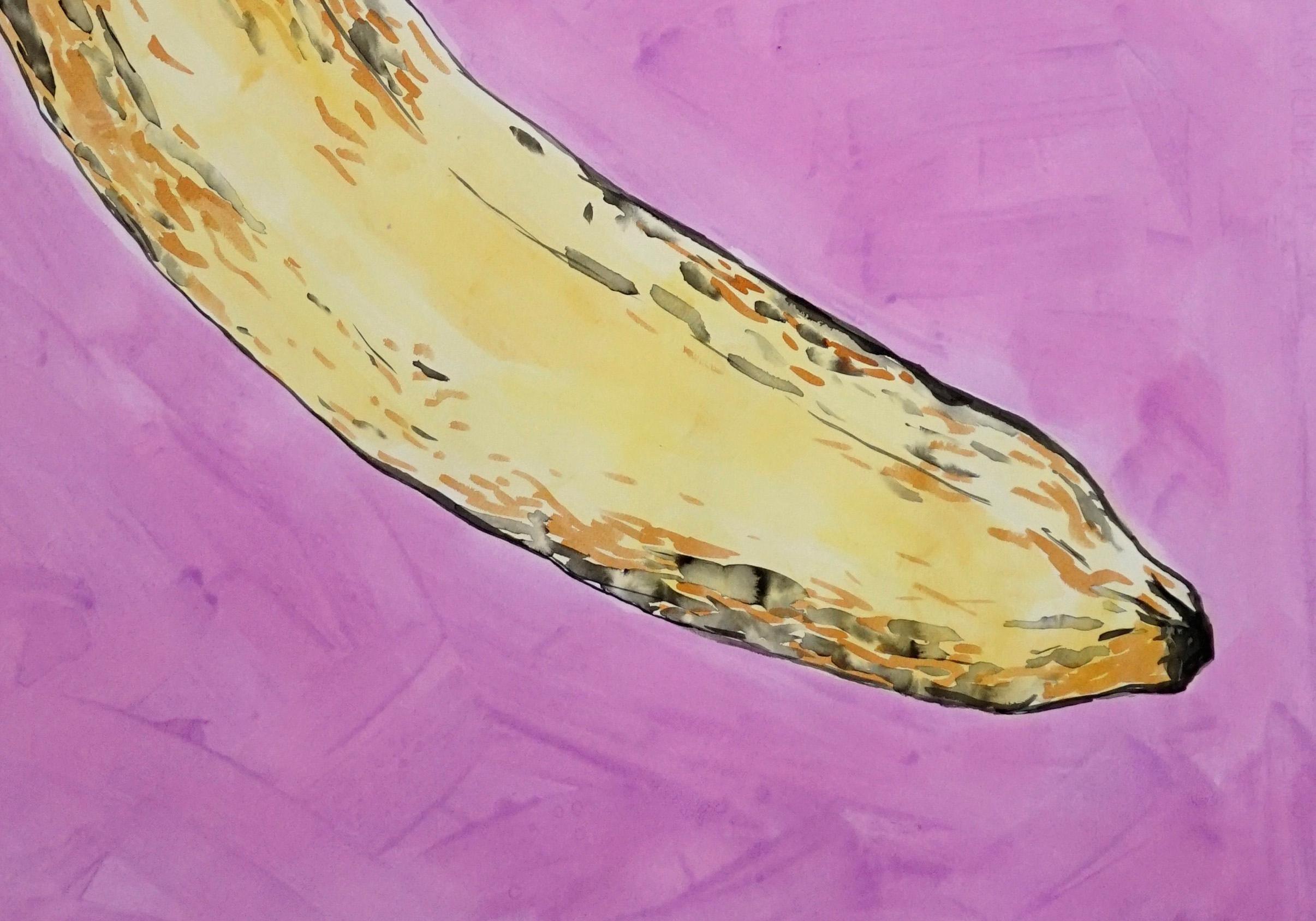 Yellow Banana on Purple, Contemporary Still-Life Painting, Watercolor on Paper - Pop Art Art by Ryan Rivadeneyra