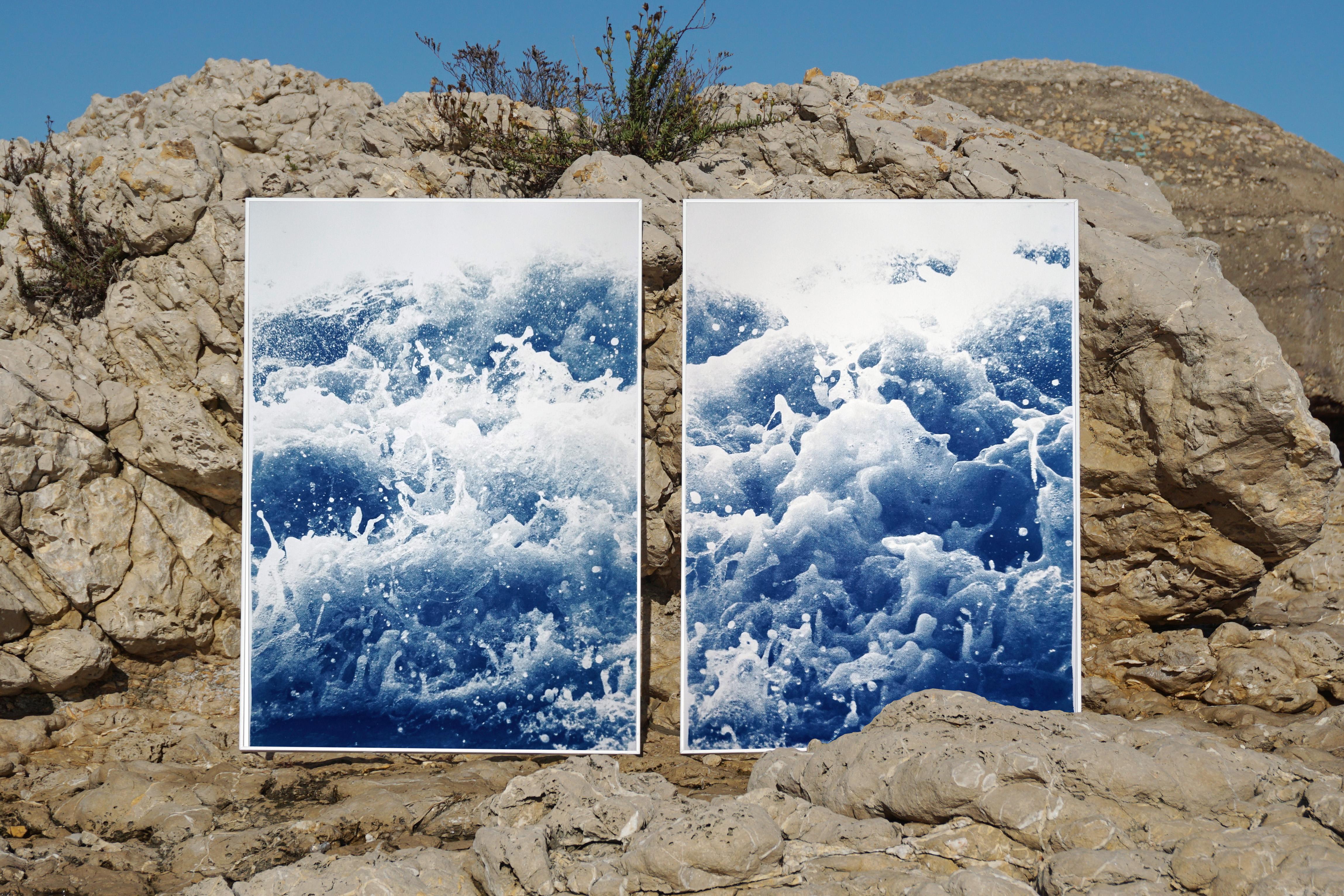Tempestuous Tidal in Blue, Stormy Seascape Diptych, Cyanotype Print, Duo, Blue - Abstract Expressionist Art by Kind of Cyan