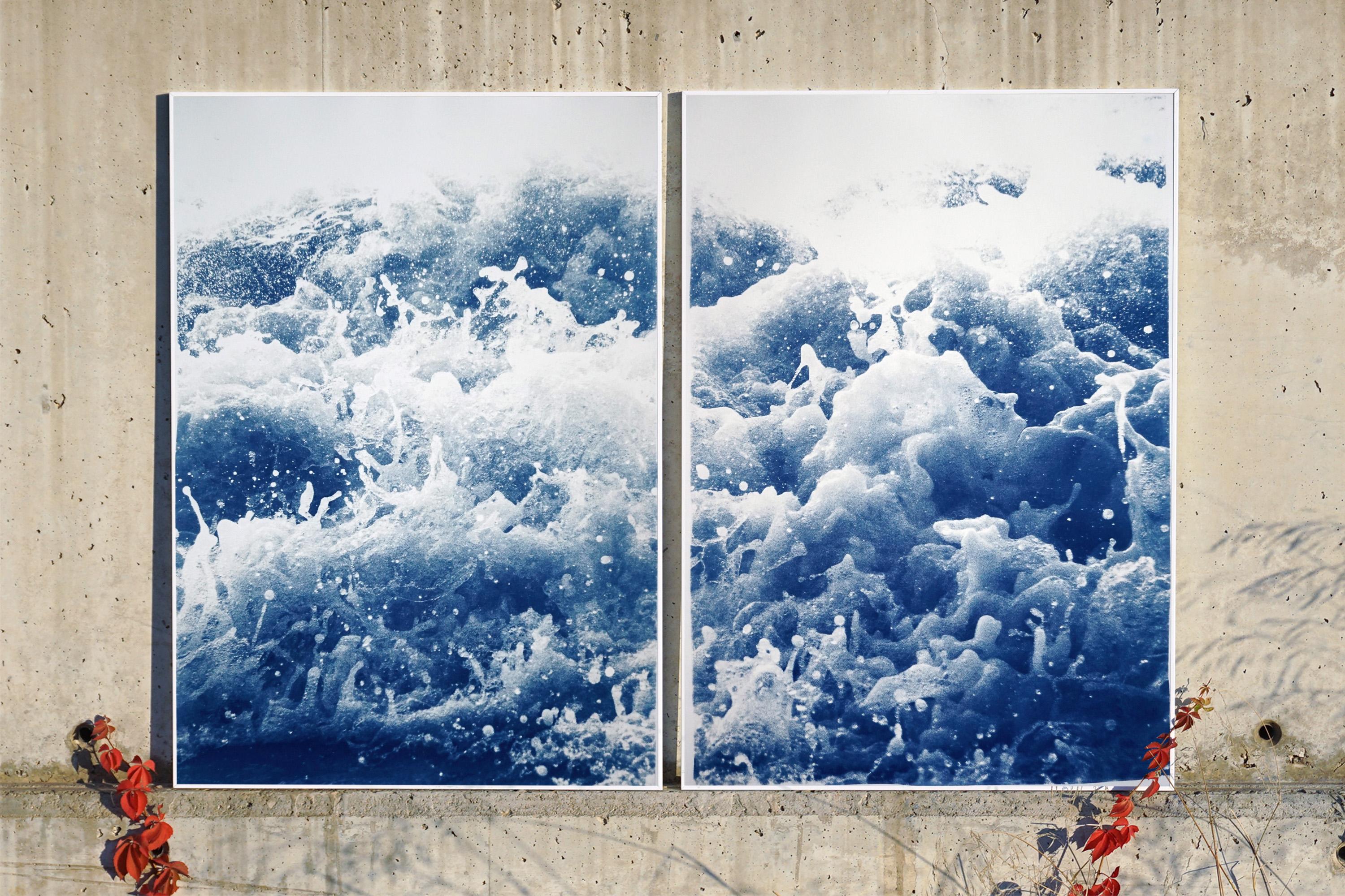 Tempestuous Tidal in Blue, Stormy Seascape Diptych, Cyanotype Print, Duo, Blue 3