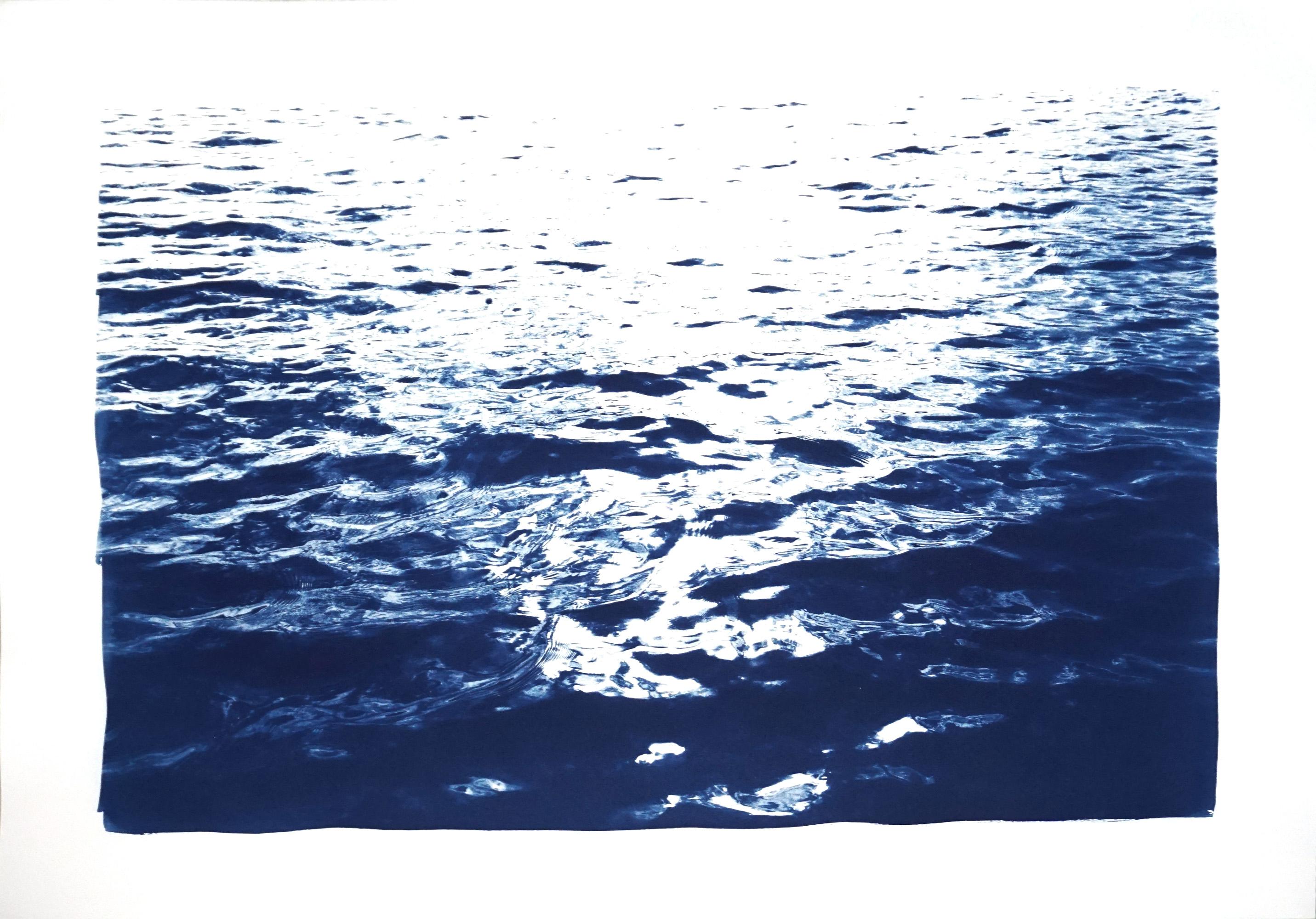 Kind of Cyan Landscape Photograph - Bright Sunrise Bay, Handmade Cyanotype on Paper, Classic Nautical, Blue Navy 