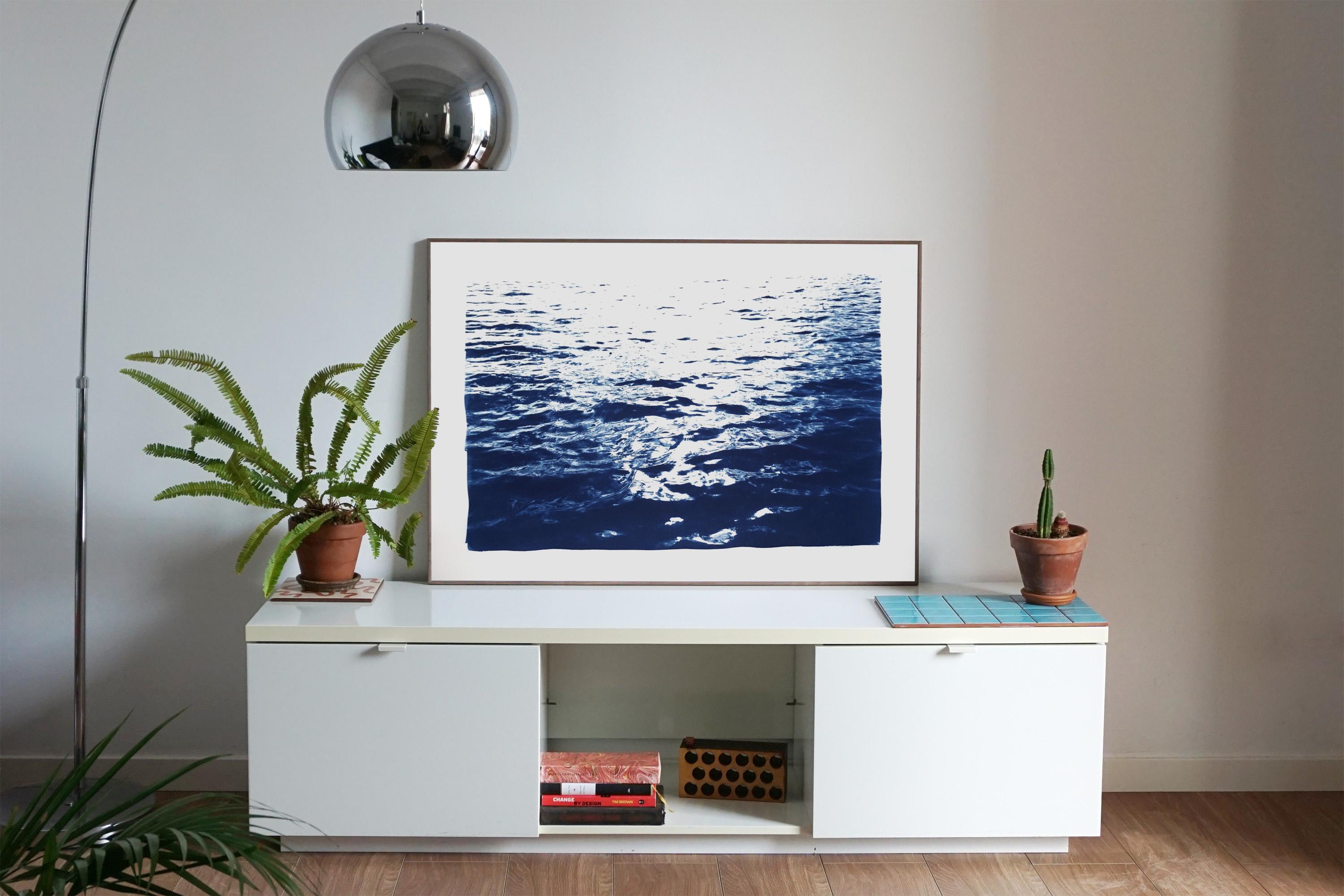 Bright Sunrise Bay, Handmade Cyanotype on Paper, Classic Nautical, Blue Navy  For Sale 1
