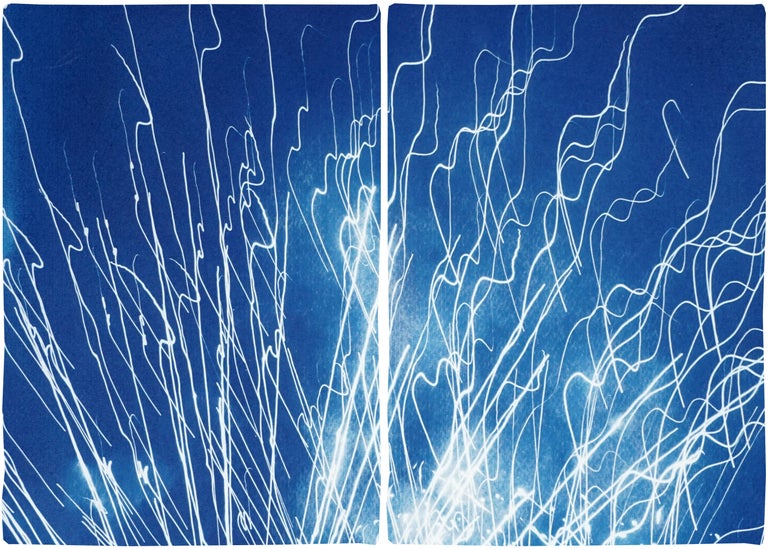 Kind of Cyan Landscape Print - Fireworks Lights in Sky Blue Diptych, Handmade Cyanotype on Watercolor Paper, 