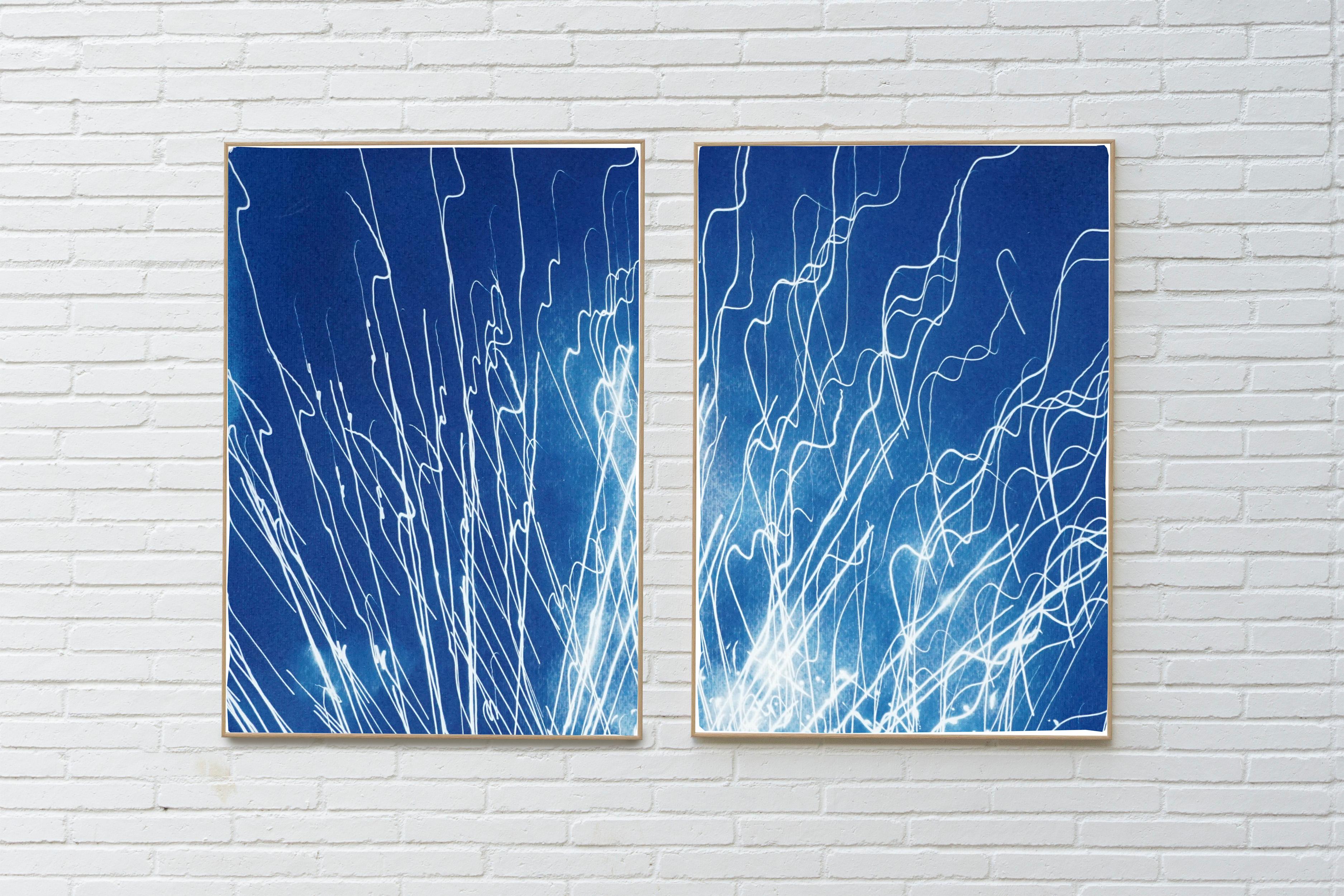 Fireworks Lights in Sky Blue Diptych, Handmade Cyanotype on Watercolor Paper, - Print by Kind of Cyan