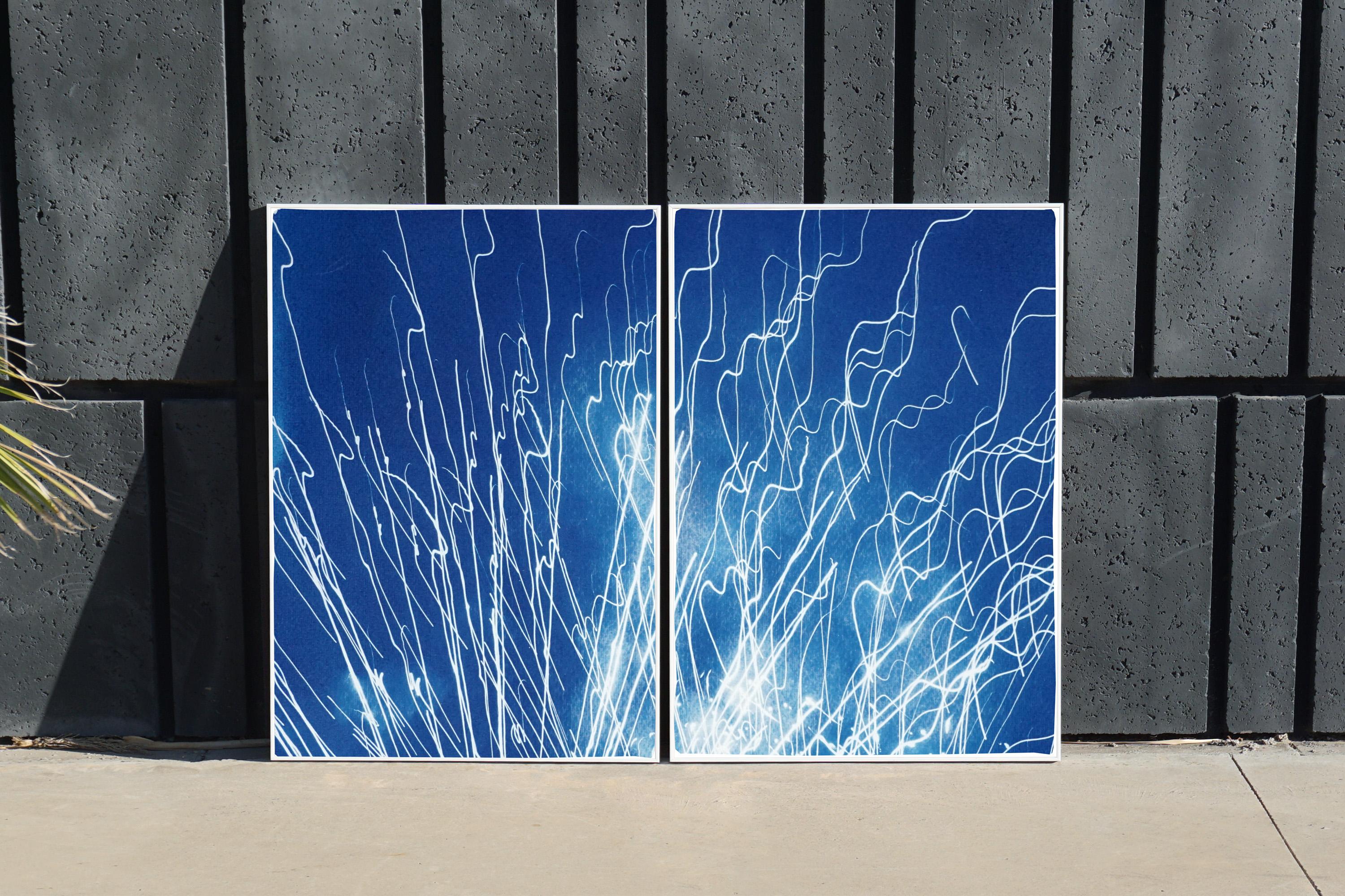Fireworks Lights in Sky Blue Diptych, Handmade Cyanotype on Watercolor Paper, 2
