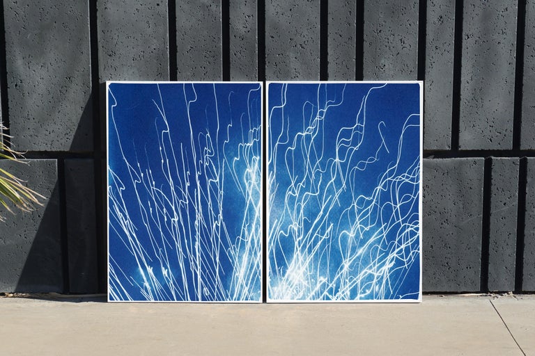 Fireworks Lights in Sky Blue Diptych, Handmade Cyanotype on Watercolor Paper,  For Sale 5
