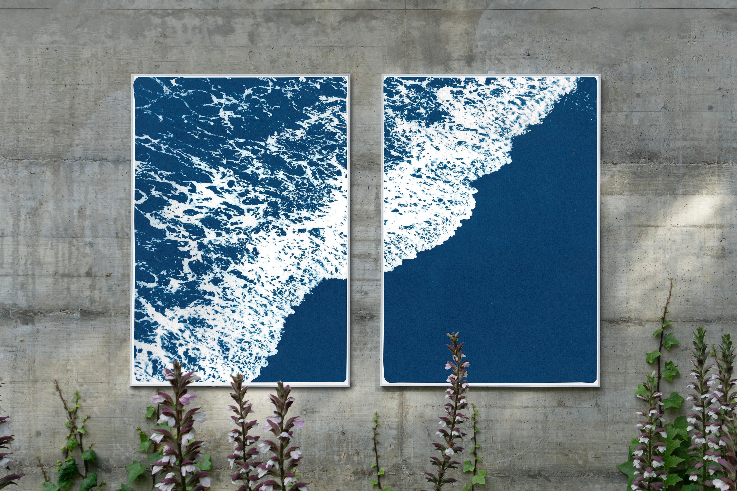 Nautical Diptych of Deep Blue Sandy Shore, Original Cyanotype, Minimal Seascape 4