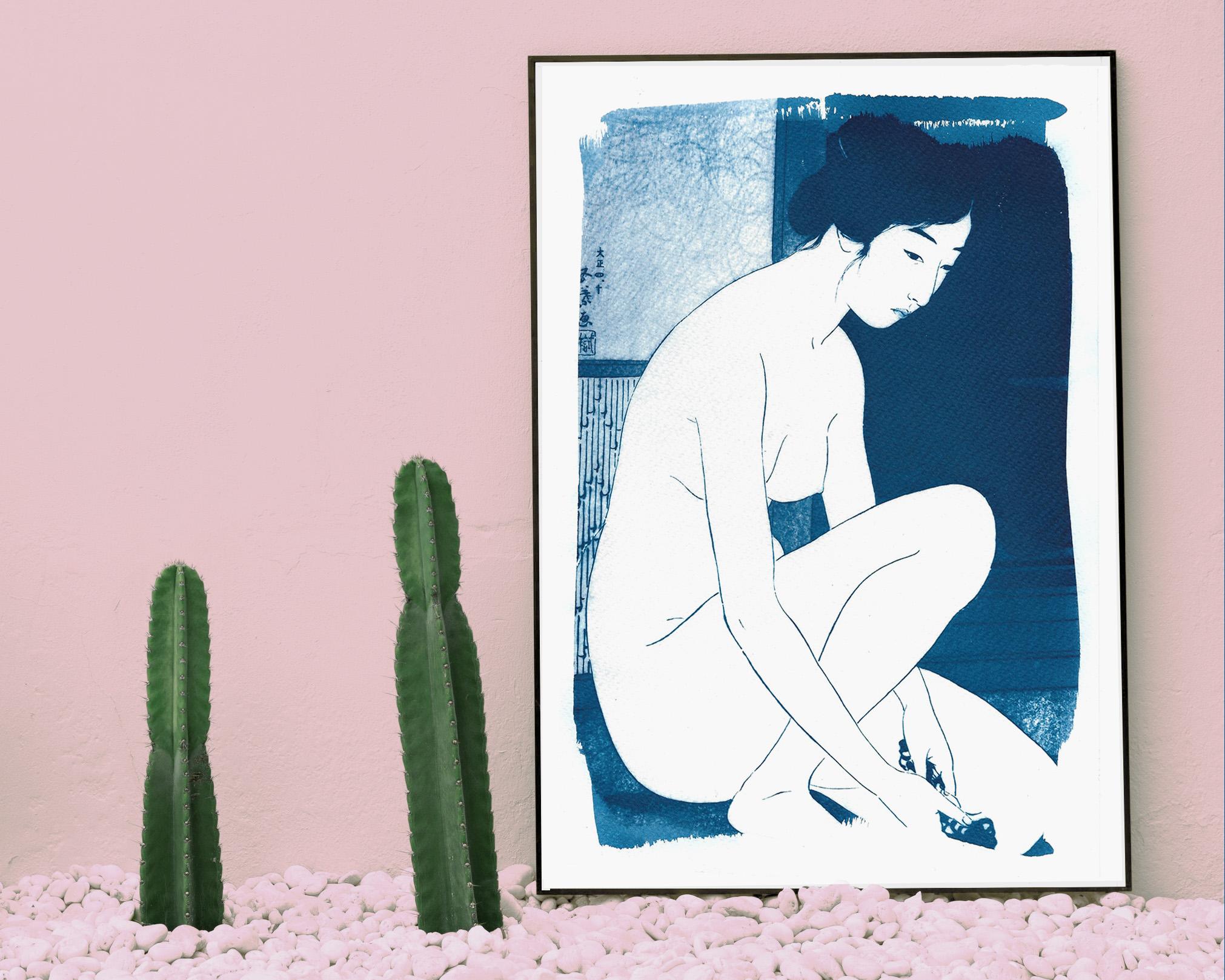 This is a handmade cyanotype print inspired by Hashiguchi Goyo's 1915 print 