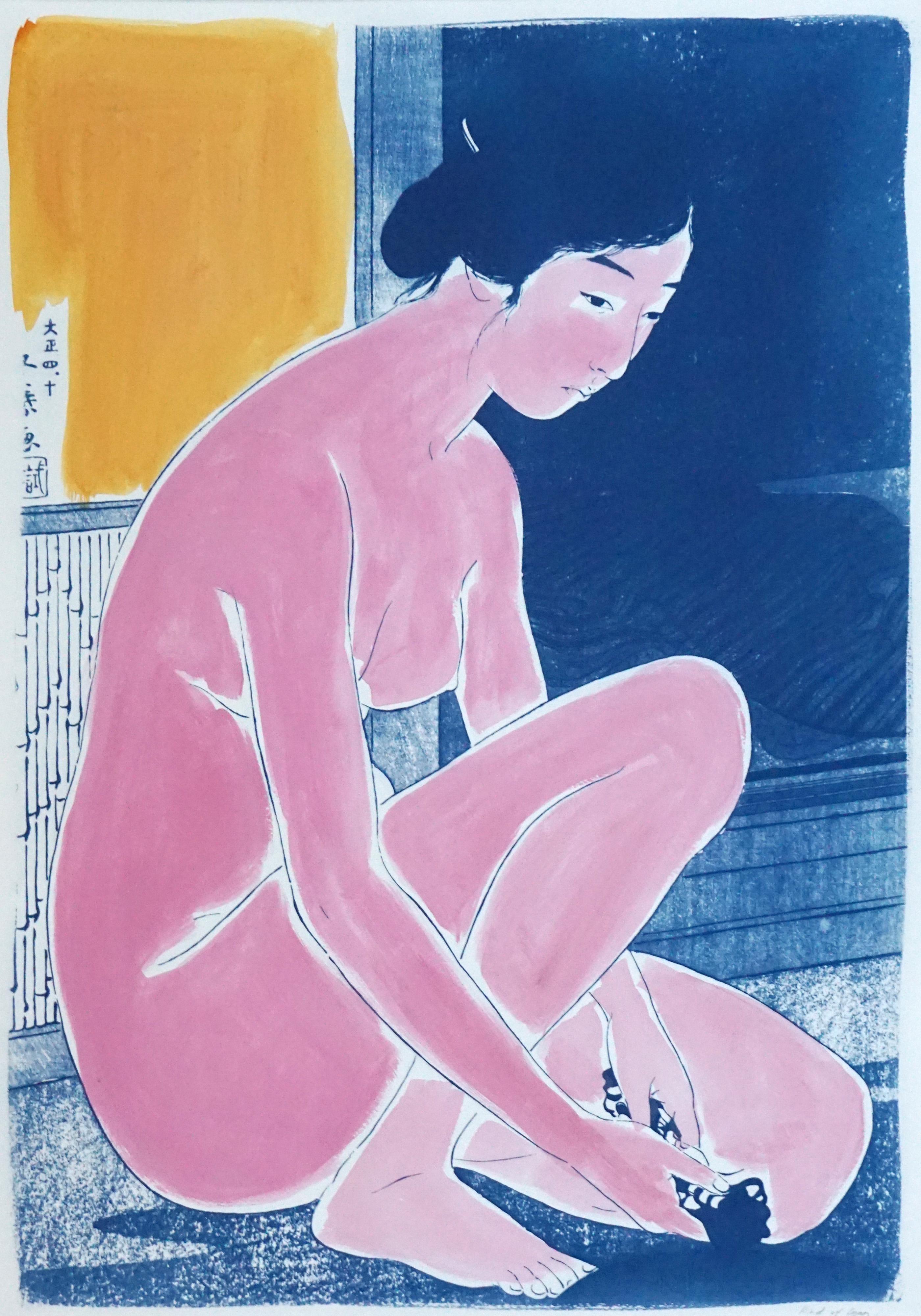 Kind of Cyan Nude Print - Hashiguchi Goyo Inspired Ukiyo-e, Nude Cyanotype, Handmade Painting Touch, 2021